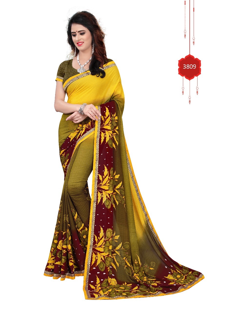 Georgette Saree Lace Border - Georgette Silk, 5.5 Mtr Length, 0.8 Mtr Blouse | Colors: Blue, Pink, Black, Purple, Red, Green, Printed Pattern