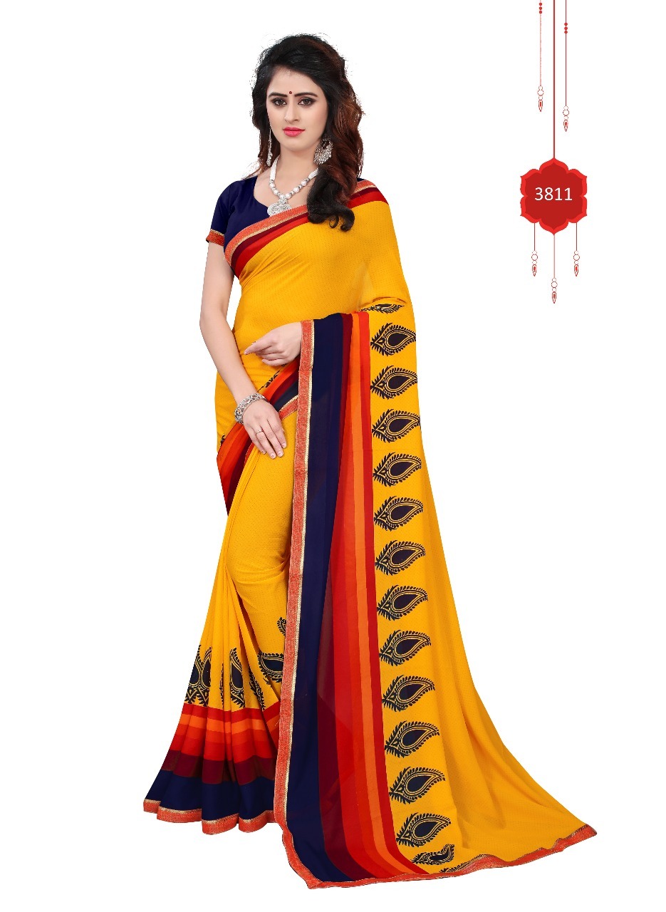 Georgette Saree Lace Border - Georgette Silk, 5.5 Mtr Length, 0.8 Mtr Blouse | Colors: Blue, Pink, Black, Purple, Red, Green, Printed Pattern