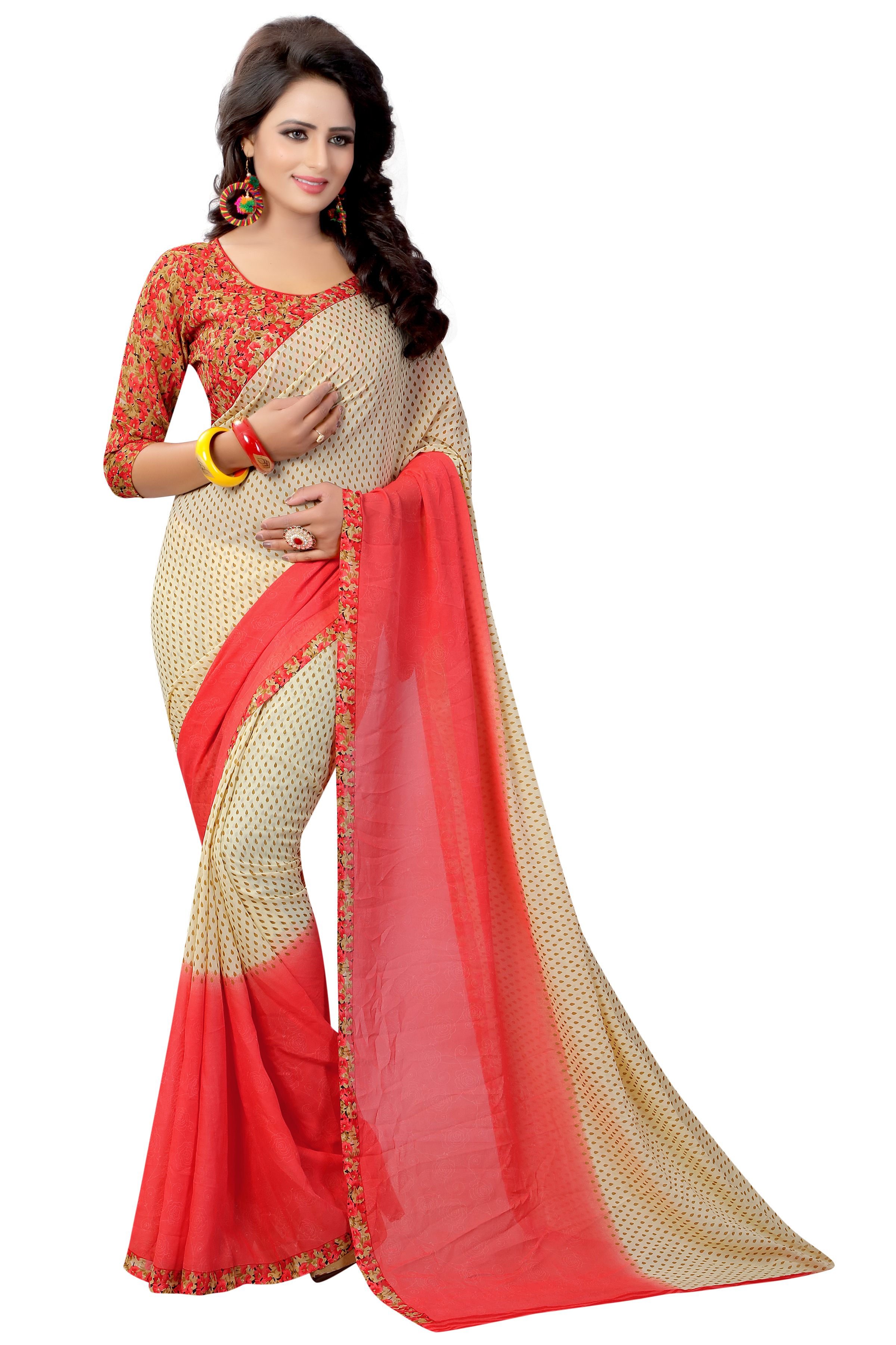 Fancydesign Georgette Saree - Material: Georgette, Length: 5.5 Mtr, Blouse Length: 0.8 Mtr | Colors: Pink, Rama, Red, Patterned For All Seasons