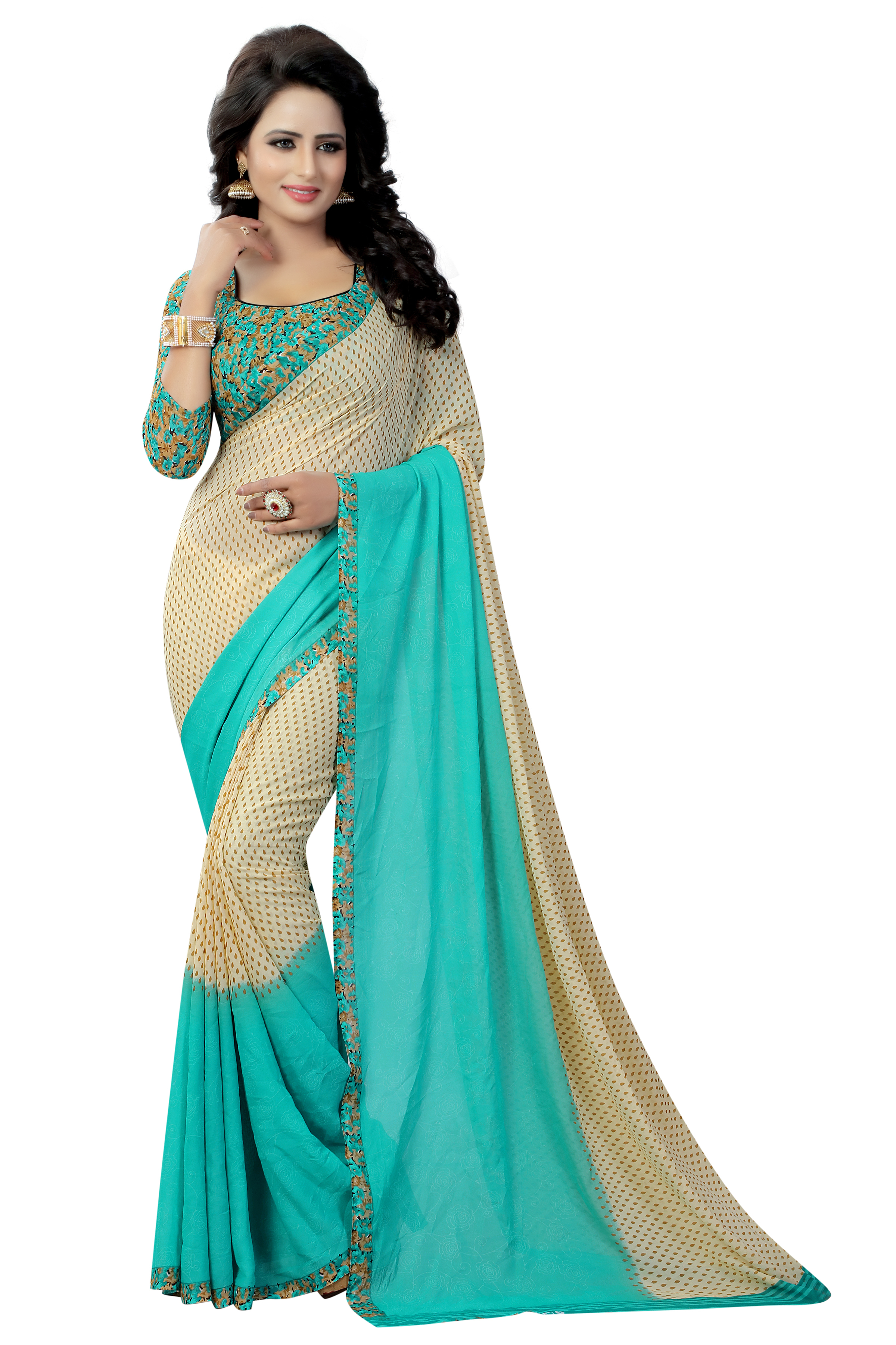 Fancydesign Georgette Saree - Material: Georgette, Length: 5.5 Mtr, Blouse Length: 0.8 Mtr | Colors: Pink, Rama, Red, Patterned For All Seasons