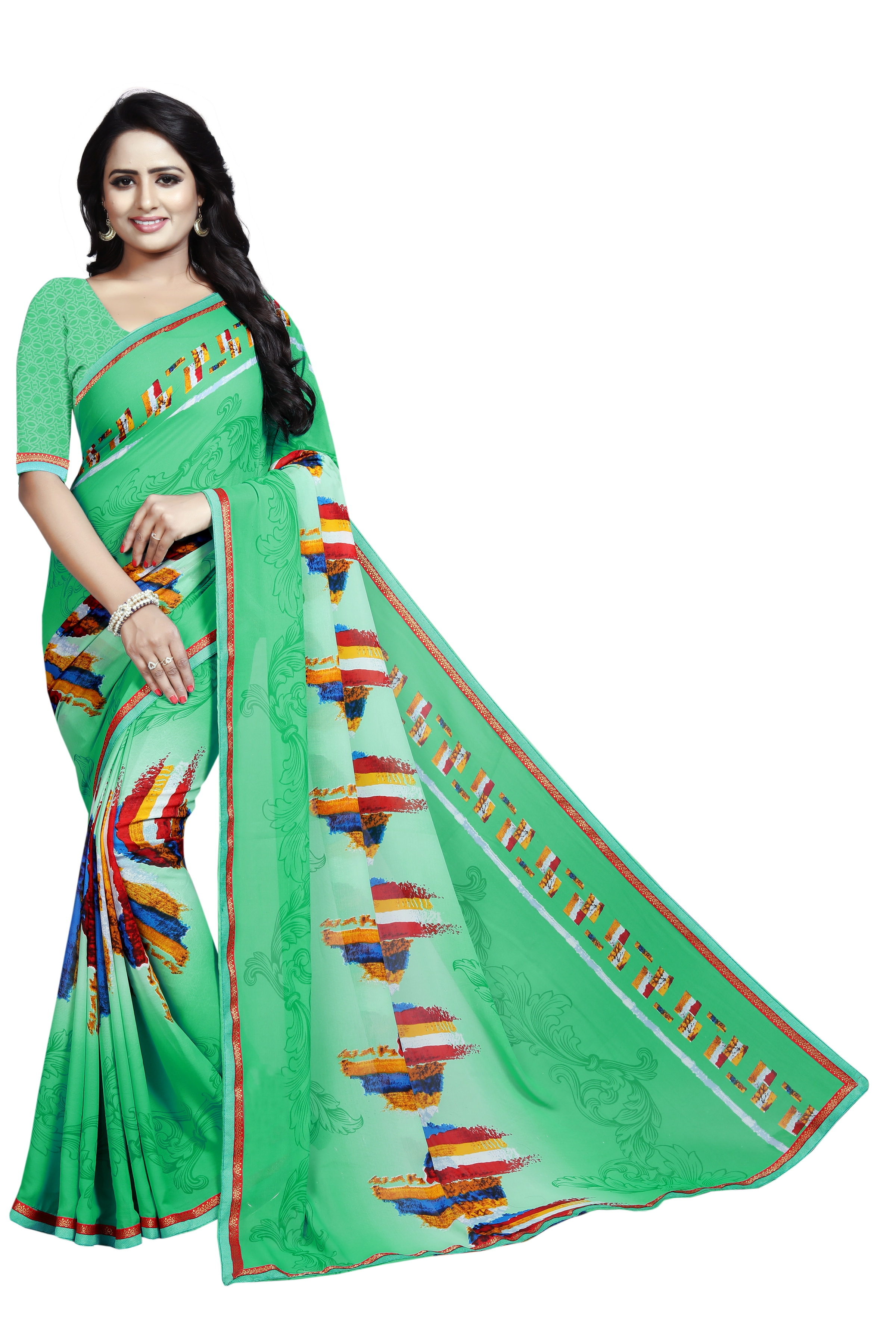 Georgette Silk Saree - 5.5 Mtr Length, 0.8 Mtr Blouse | Printed Pattern, Multi-color Options Including Yellow, Green, Blue, Red, Pink