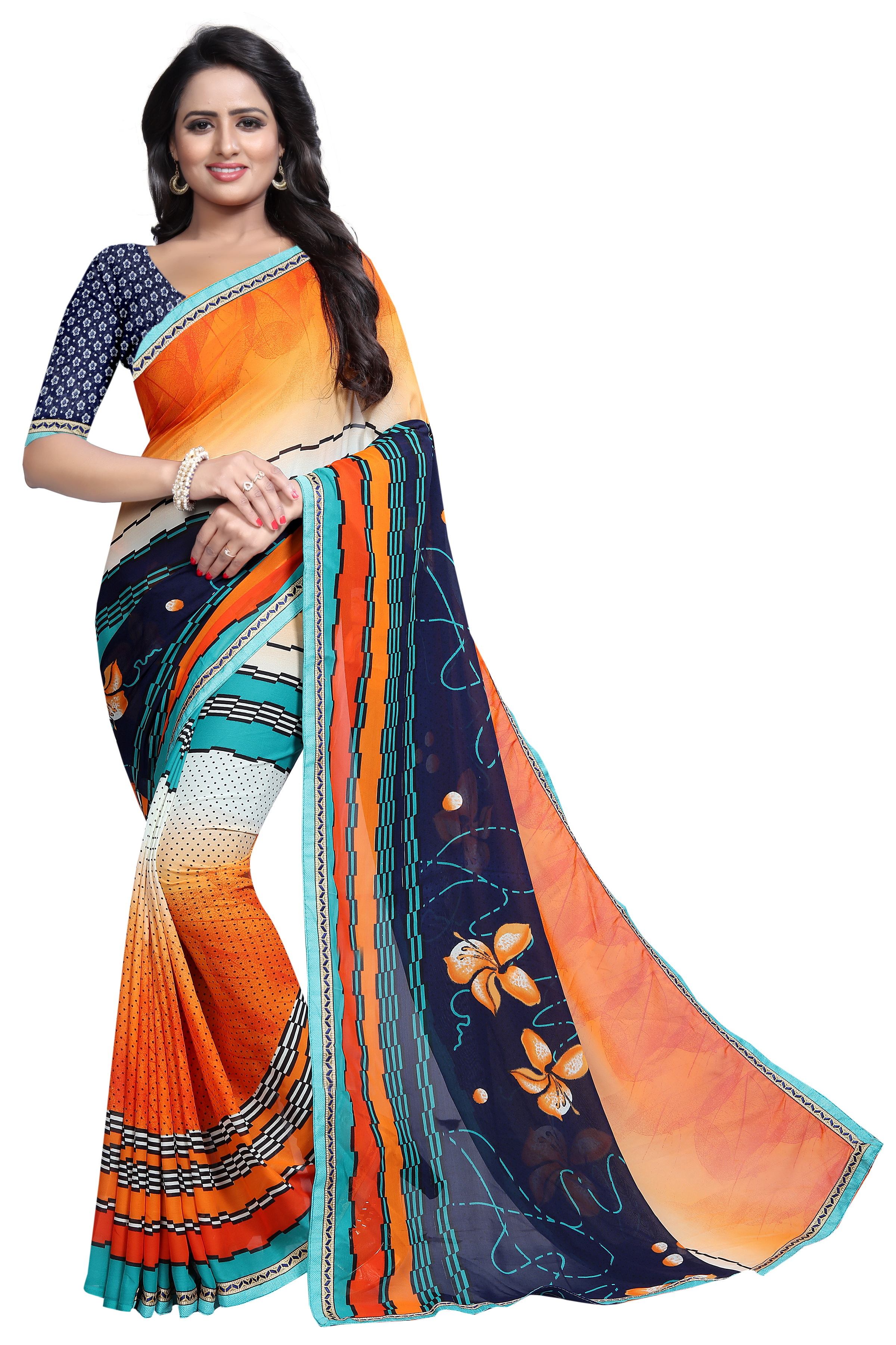 Georgette Silk Saree - 5.5 Mtr Length, 0.8 Mtr Blouse | Printed Pattern, Multi-color Options Including Yellow, Green, Blue, Red, Pink