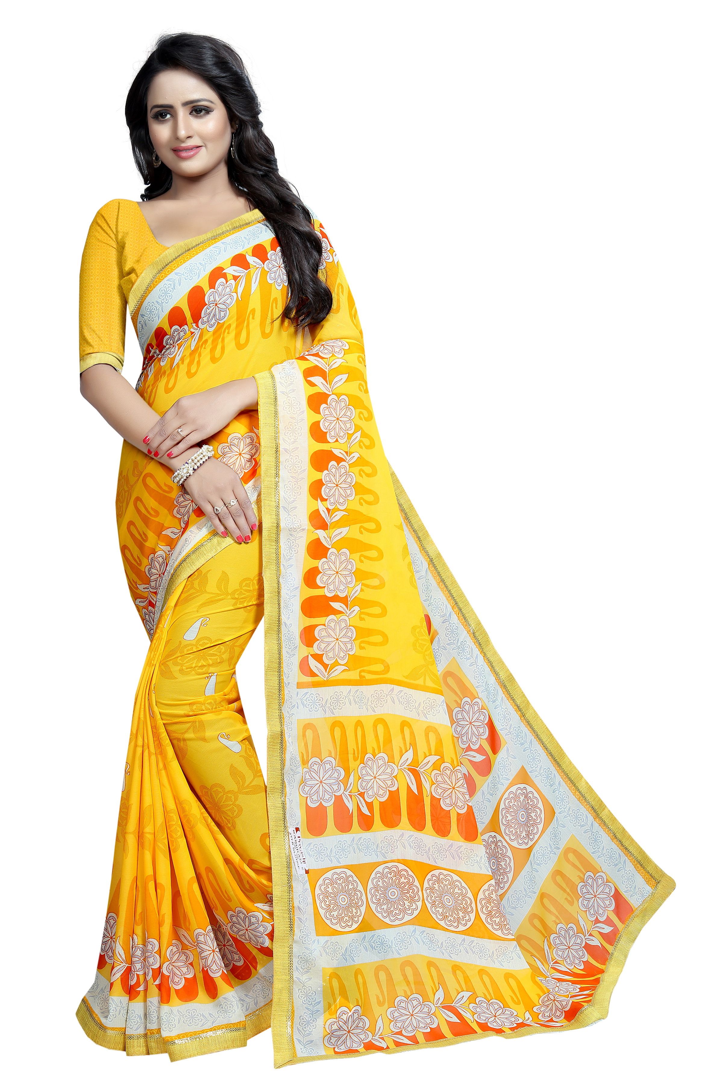Georgette Silk Saree - 5.5 Mtr Length, 0.8 Mtr Blouse | Printed Pattern, Multi-color Options Including Yellow, Green, Blue, Red, Pink