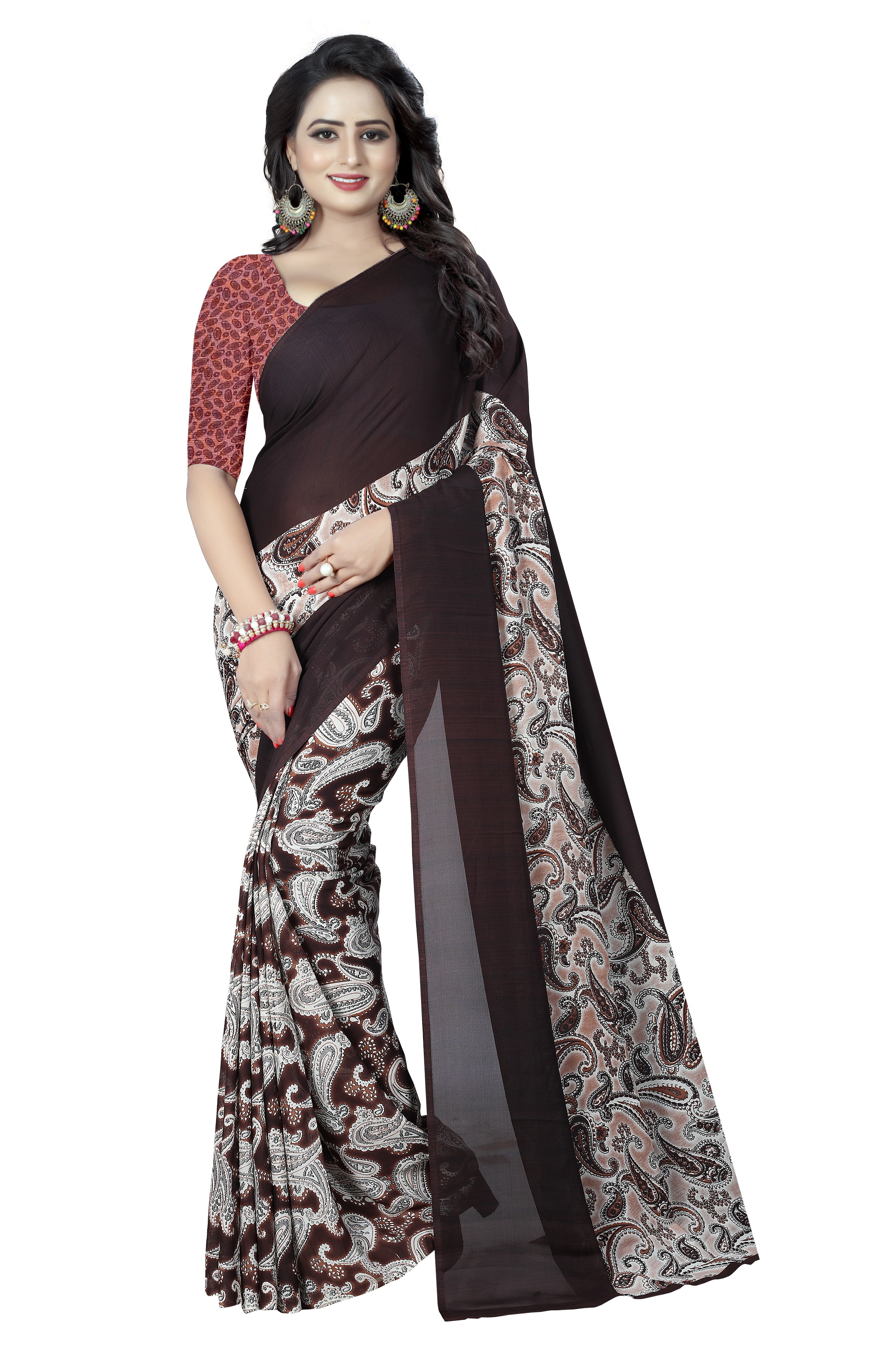 New And Fancy Printed Synthetic Saree - Georgette Fabric, 5.5 Mtr Length, 0.8 Mtr Blouse Length, Colors: Pink, Green, Peony, Yellow, Blue | Patterned For Every Season: Rainy, Spring, Summer, Winter