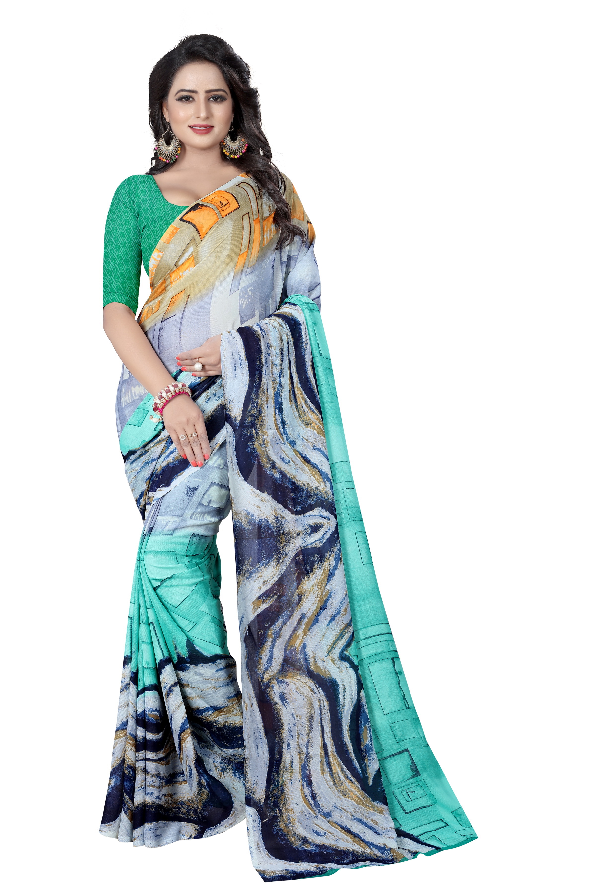 New And Fancy Printed Synthetic Saree - Georgette Fabric, 5.5 Mtr Length, 0.8 Mtr Blouse Length, Colors: Pink, Green, Peony, Yellow, Blue | Patterned For Every Season: Rainy, Spring, Summer, Winter