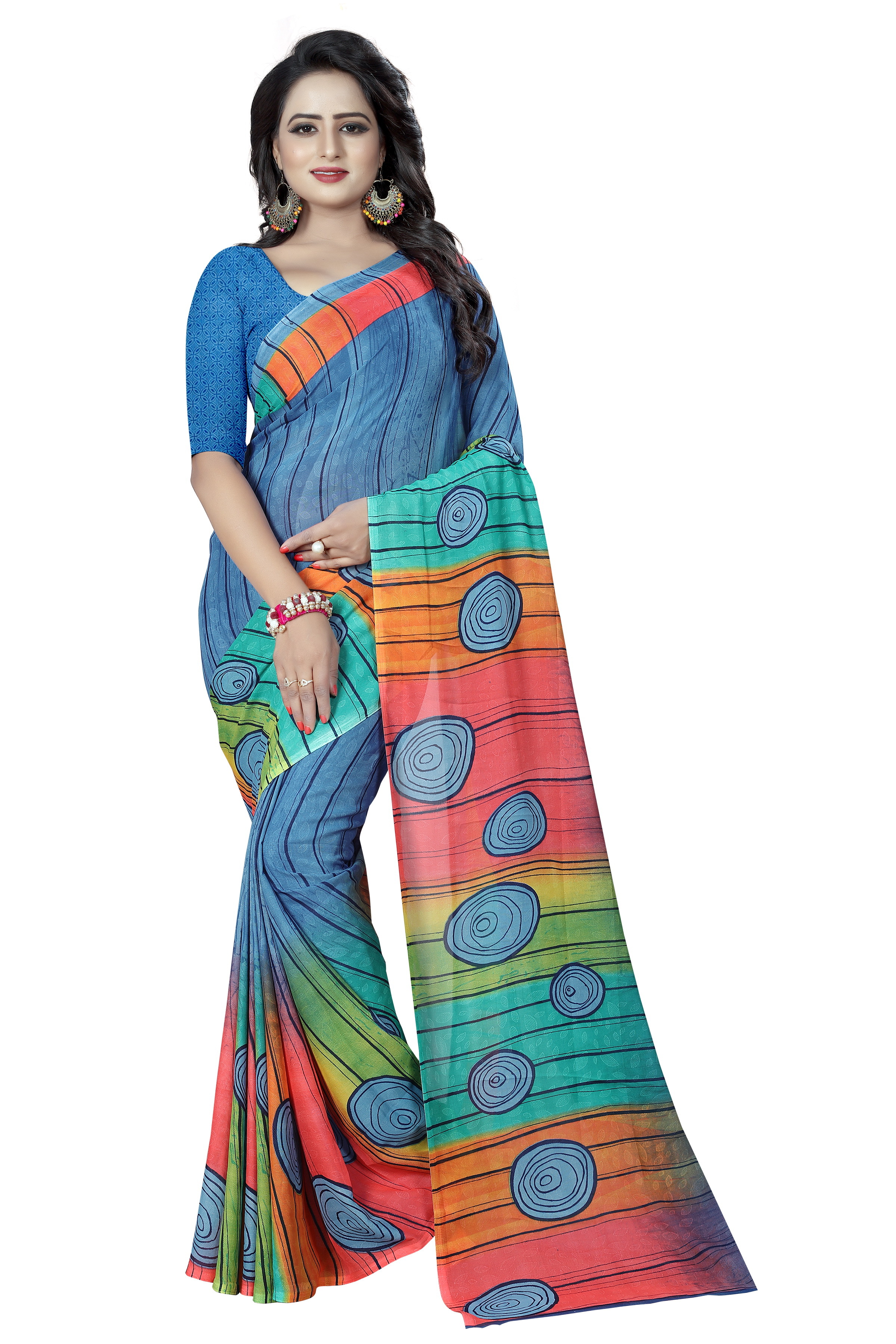 New And Fancy Printed Synthetic Saree - Georgette Fabric, 5.5 Mtr Length, 0.8 Mtr Blouse Length, Colors: Pink, Green, Peony, Yellow, Blue | Patterned For Every Season: Rainy, Spring, Summer, Winter