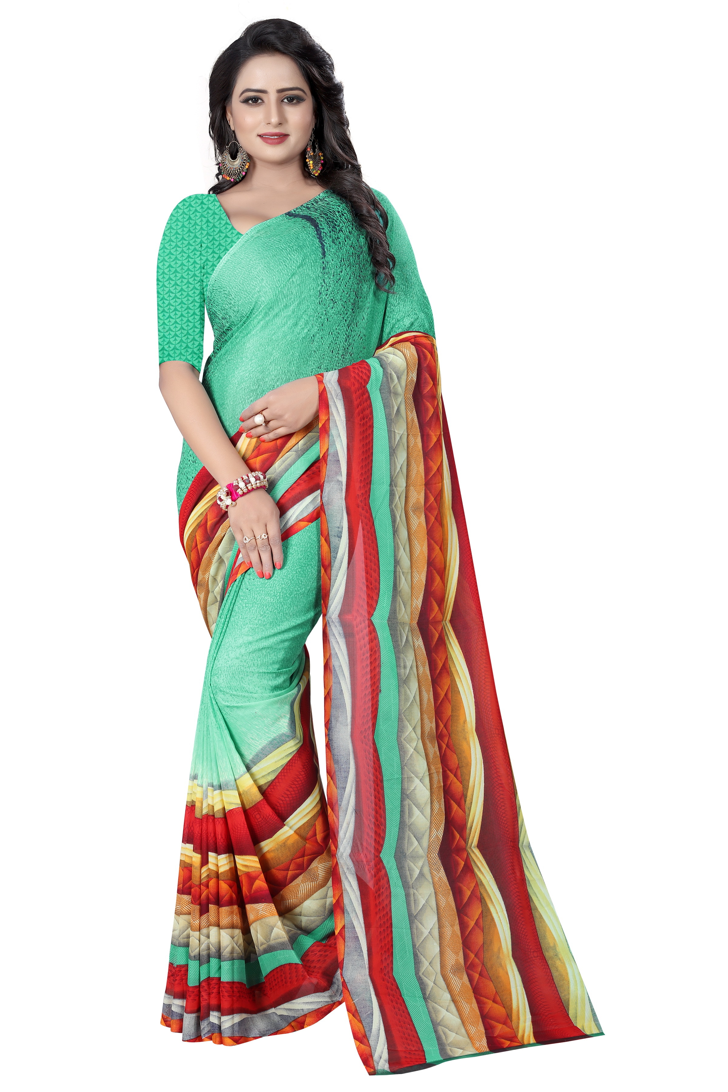 New And Fancy Printed Synthetic Saree - Georgette Fabric, 5.5 Mtr Length, 0.8 Mtr Blouse Length, Colors: Pink, Green, Peony, Yellow, Blue | Patterned For Every Season: Rainy, Spring, Summer, Winter