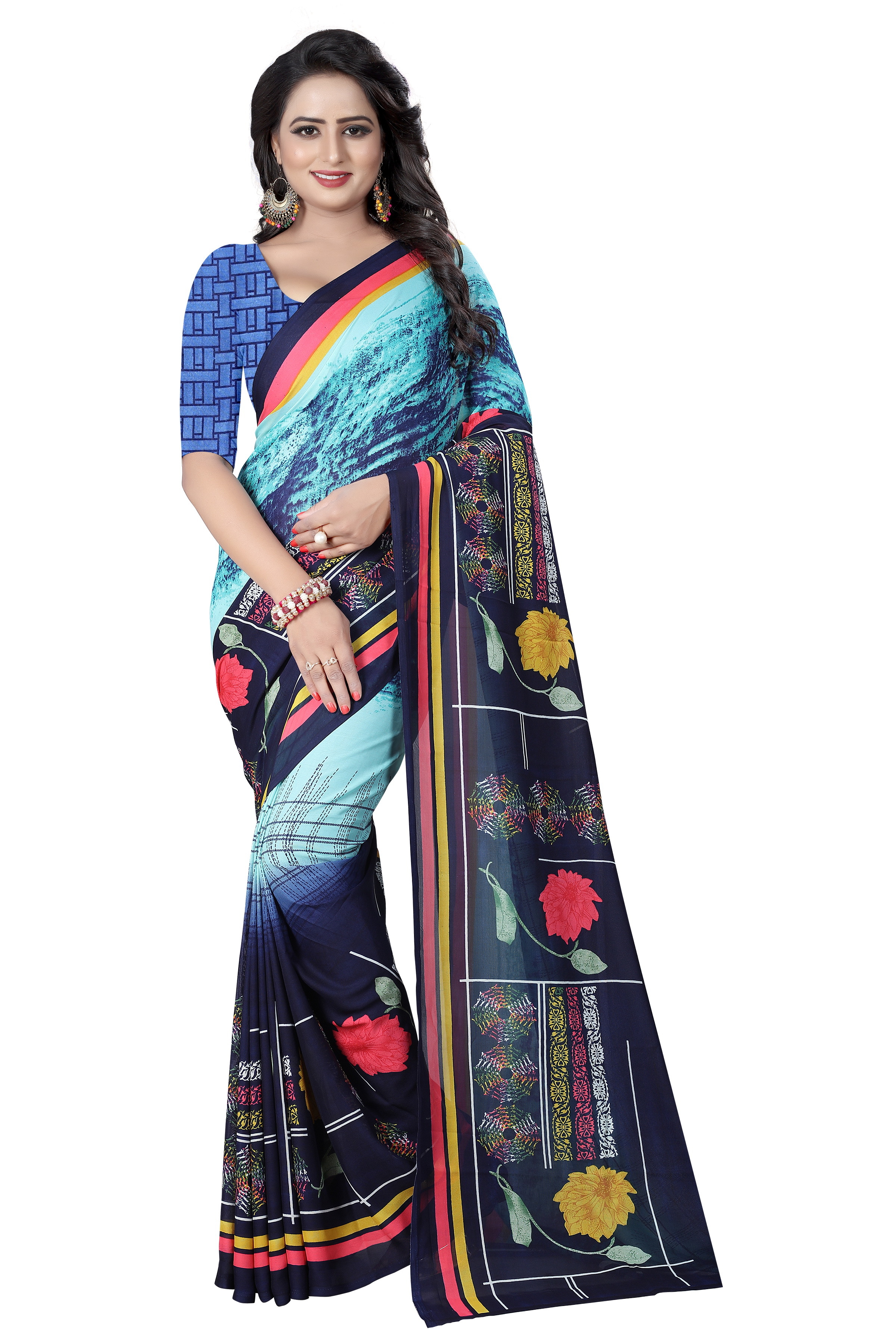 New And Fancy Printed Synthetic Saree - Georgette Fabric, 5.5 Mtr Length, 0.8 Mtr Blouse Length, Colors: Pink, Green, Peony, Yellow, Blue | Patterned For Every Season: Rainy, Spring, Summer, Winter