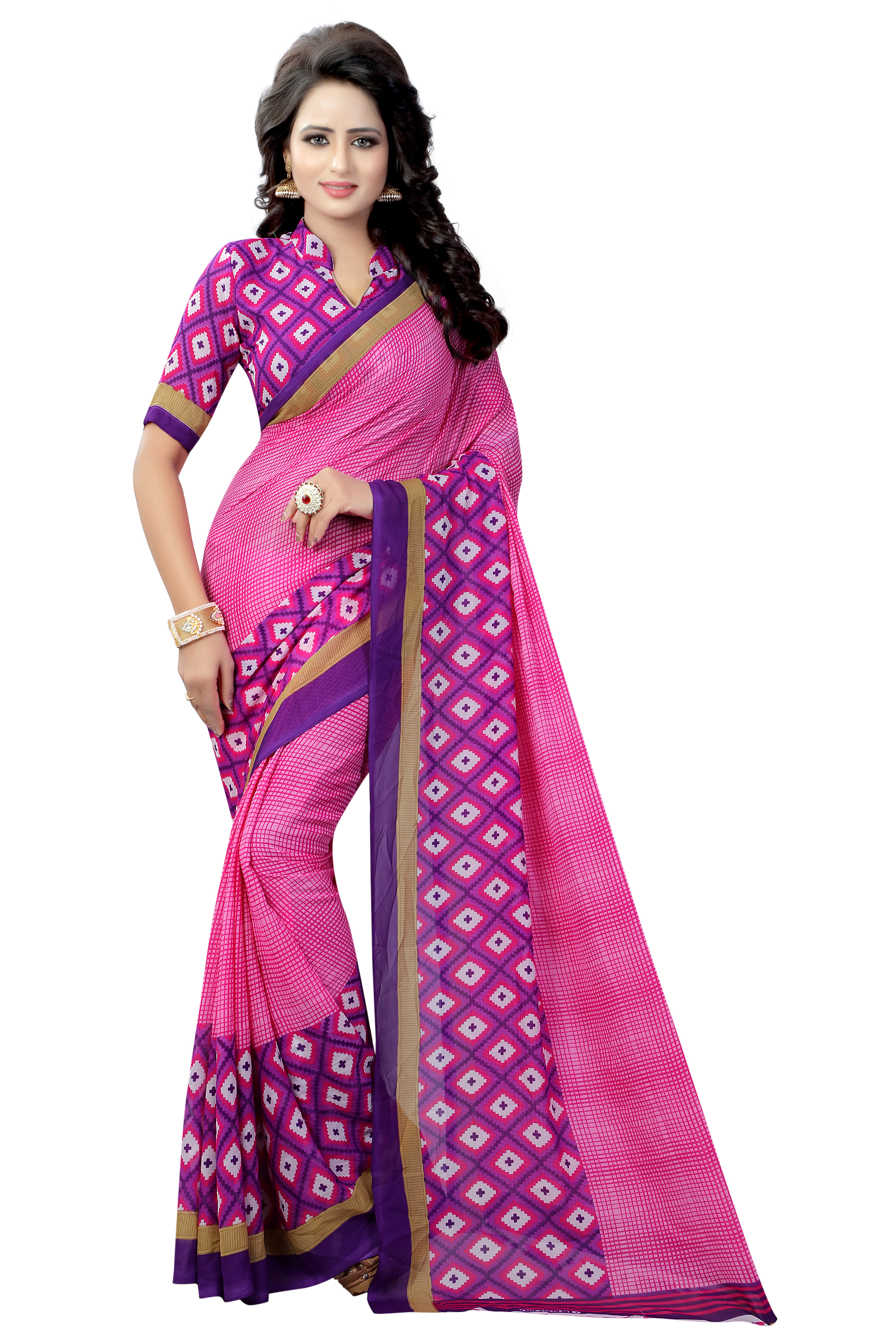 Fancy Georgette Saree - Georgette Fabric, Length: 5.5 Mtr, Blouse Length: 0.8 Mtr | Available In Pink, Yellow, Green, Blue, Gray Colors