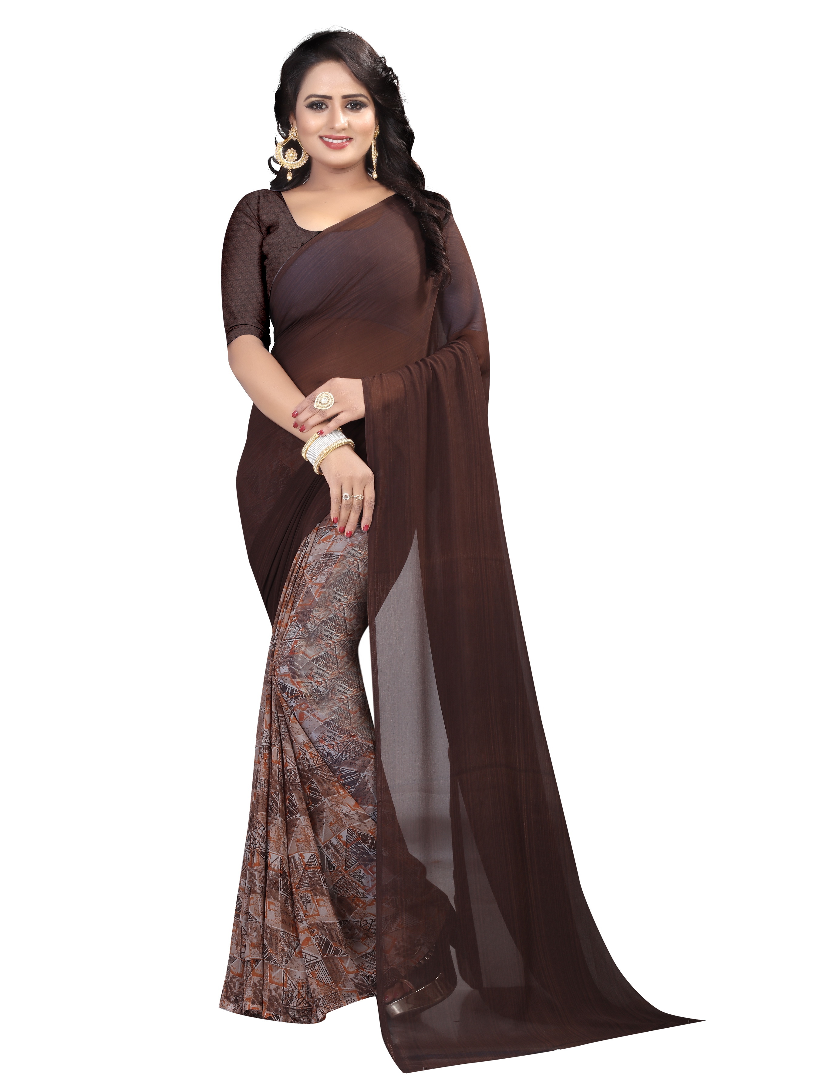 Weightless Georgette Saree - 5.5 Mtr Length, 0.8 Mtr Blouse | Art Silk Material, Printed Pattern, Available In Cherry, Chocolate, Coffee, Dew, Green