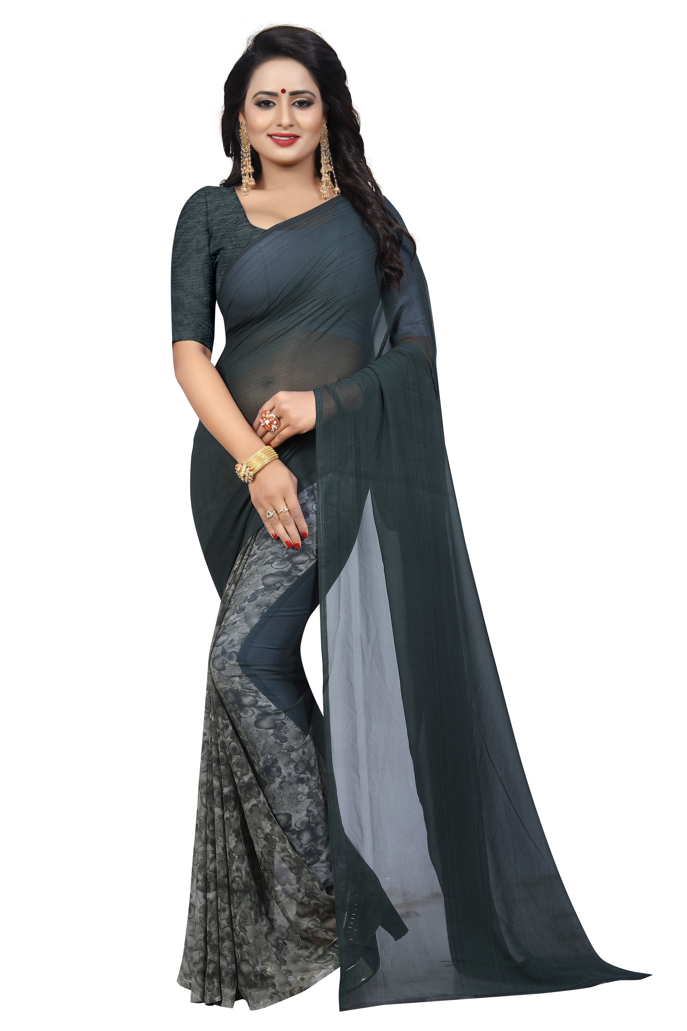 Weightless Georgette Saree - 5.5 Mtr Length, 0.8 Mtr Blouse | Art Silk Material, Printed Pattern, Available In Cherry, Chocolate, Coffee, Dew, Green