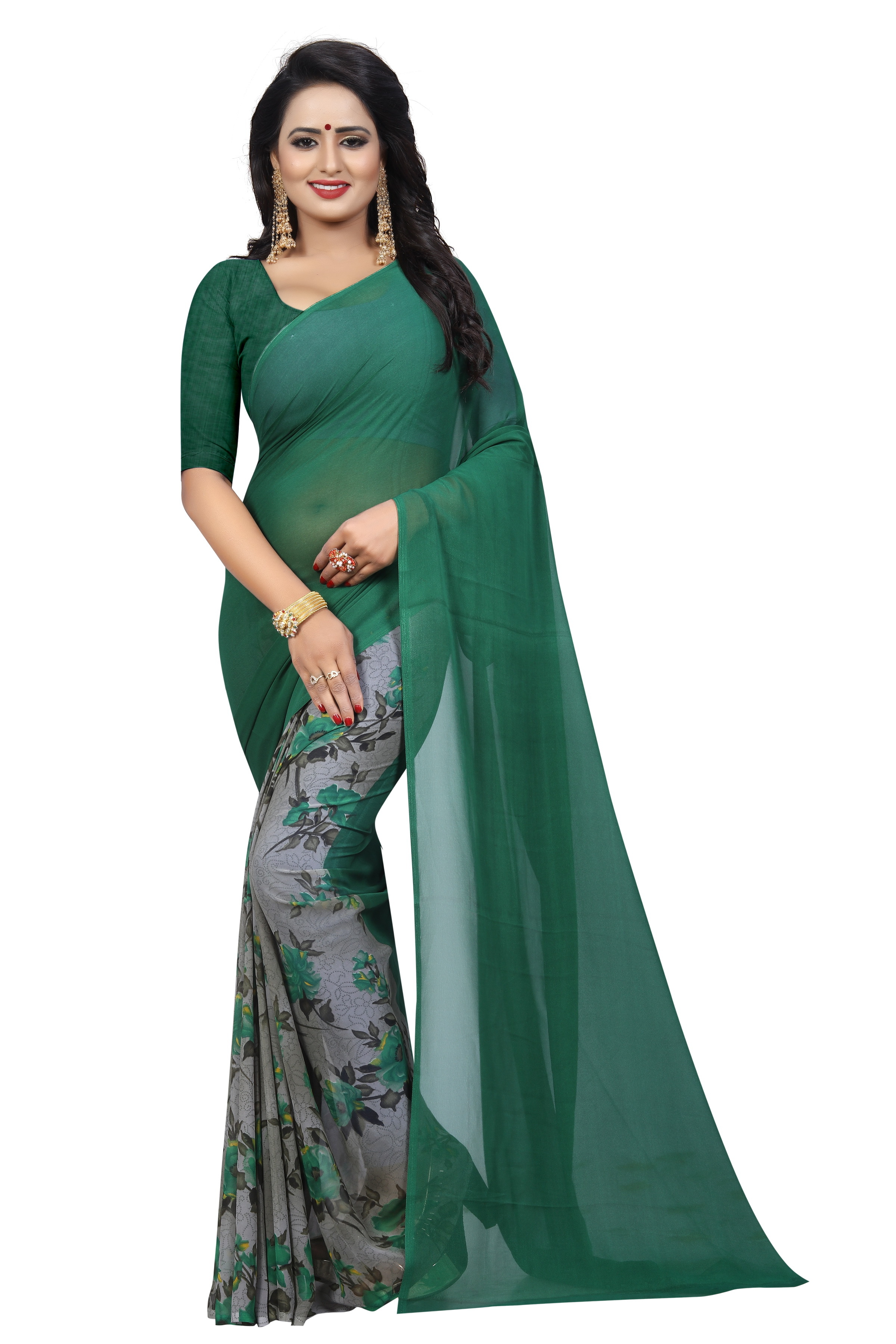 Weightless Georgette Saree - 5.5 Mtr Length, 0.8 Mtr Blouse | Art Silk Material, Printed Pattern, Available In Cherry, Chocolate, Coffee, Dew, Green