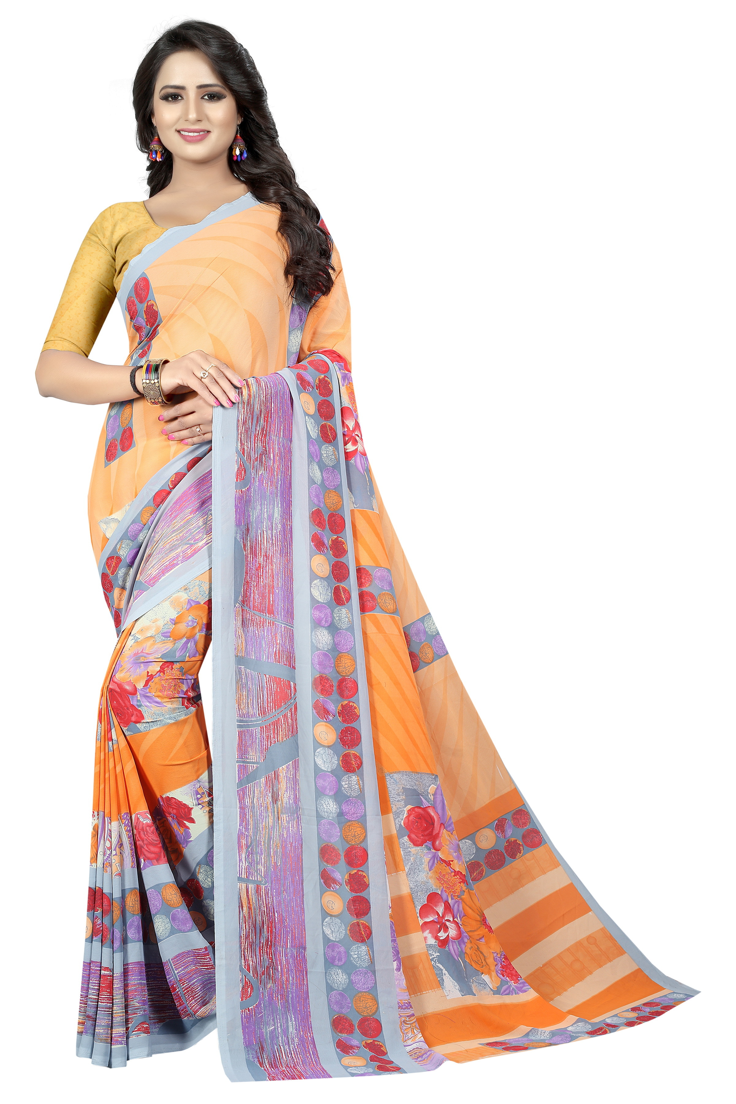Georgette Silk Saree - 5.5 Mtr Length, 0.8 Mtr Blouse | Art Silk, Printed Pattern, Available In Blue, Pink, Black, Purple, Red, Green