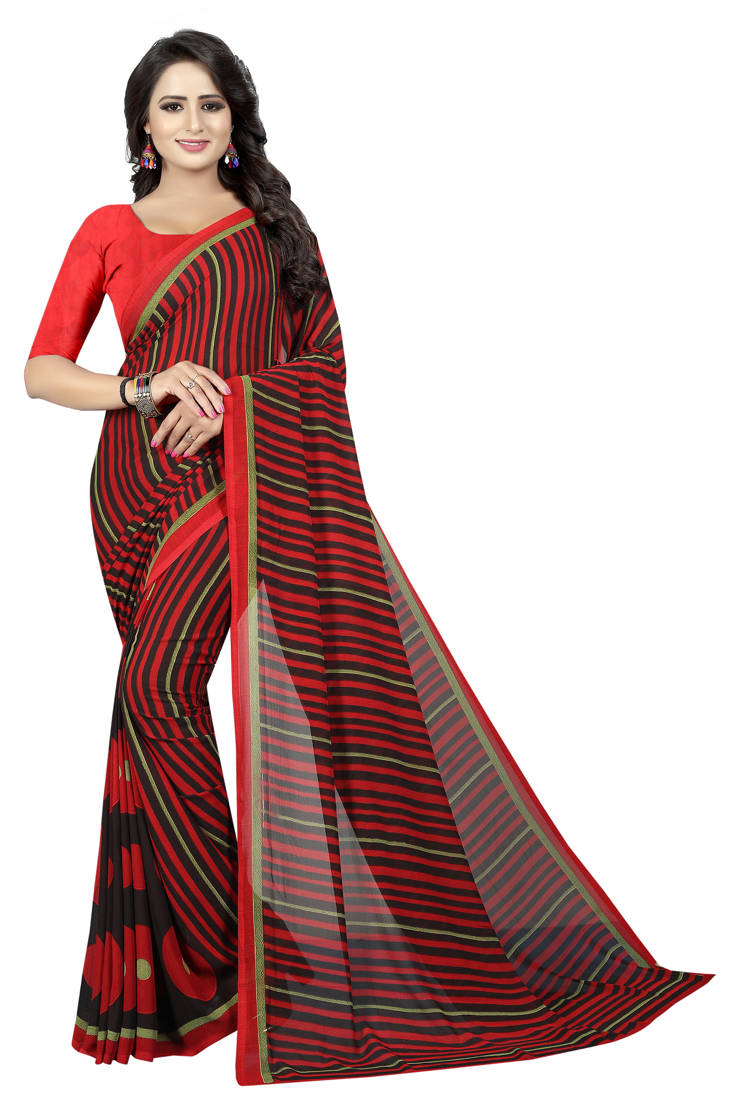 Georgette Silk Saree - 5.5 Mtr Length, 0.8 Mtr Blouse | Art Silk, Printed Pattern, Available In Blue, Pink, Black, Purple, Red, Green