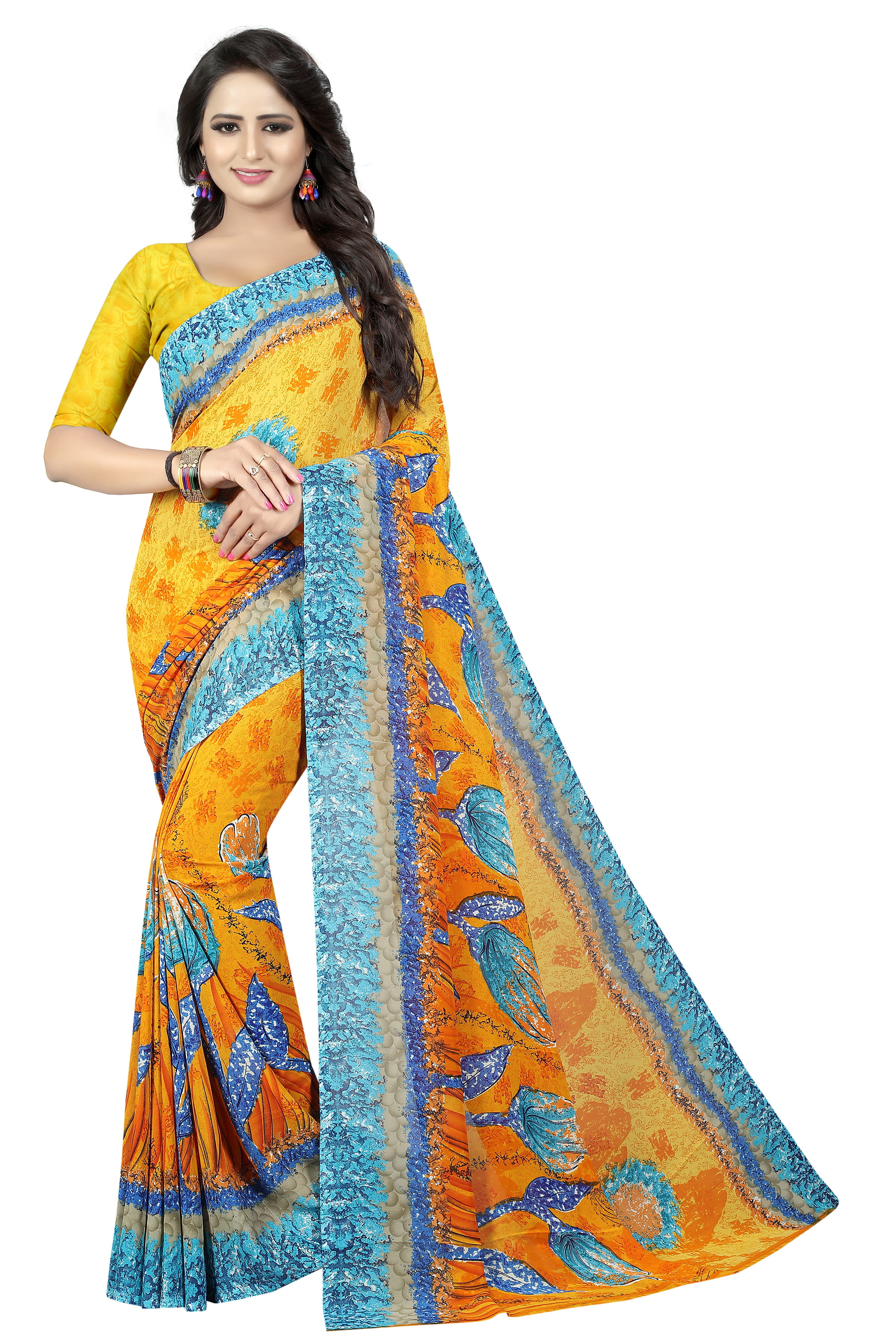 Georgette Silk Saree - 5.5 Mtr Length, 0.8 Mtr Blouse | Art Silk, Printed Pattern, Available In Blue, Pink, Black, Purple, Red, Green