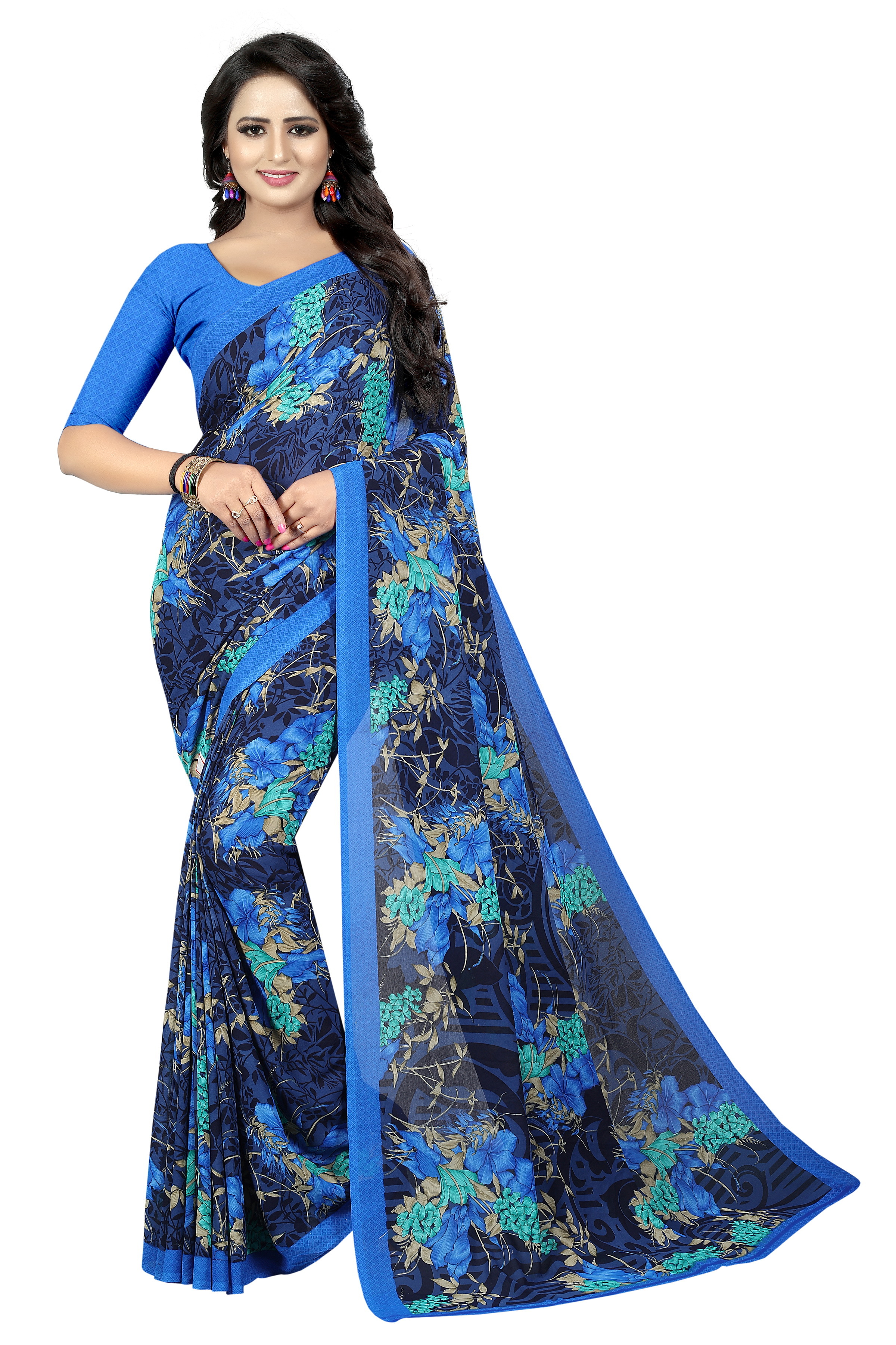 Georgette Silk Saree - 5.5 Mtr Length, 0.8 Mtr Blouse | Art Silk, Printed Pattern, Available In Blue, Pink, Black, Purple, Red, Green