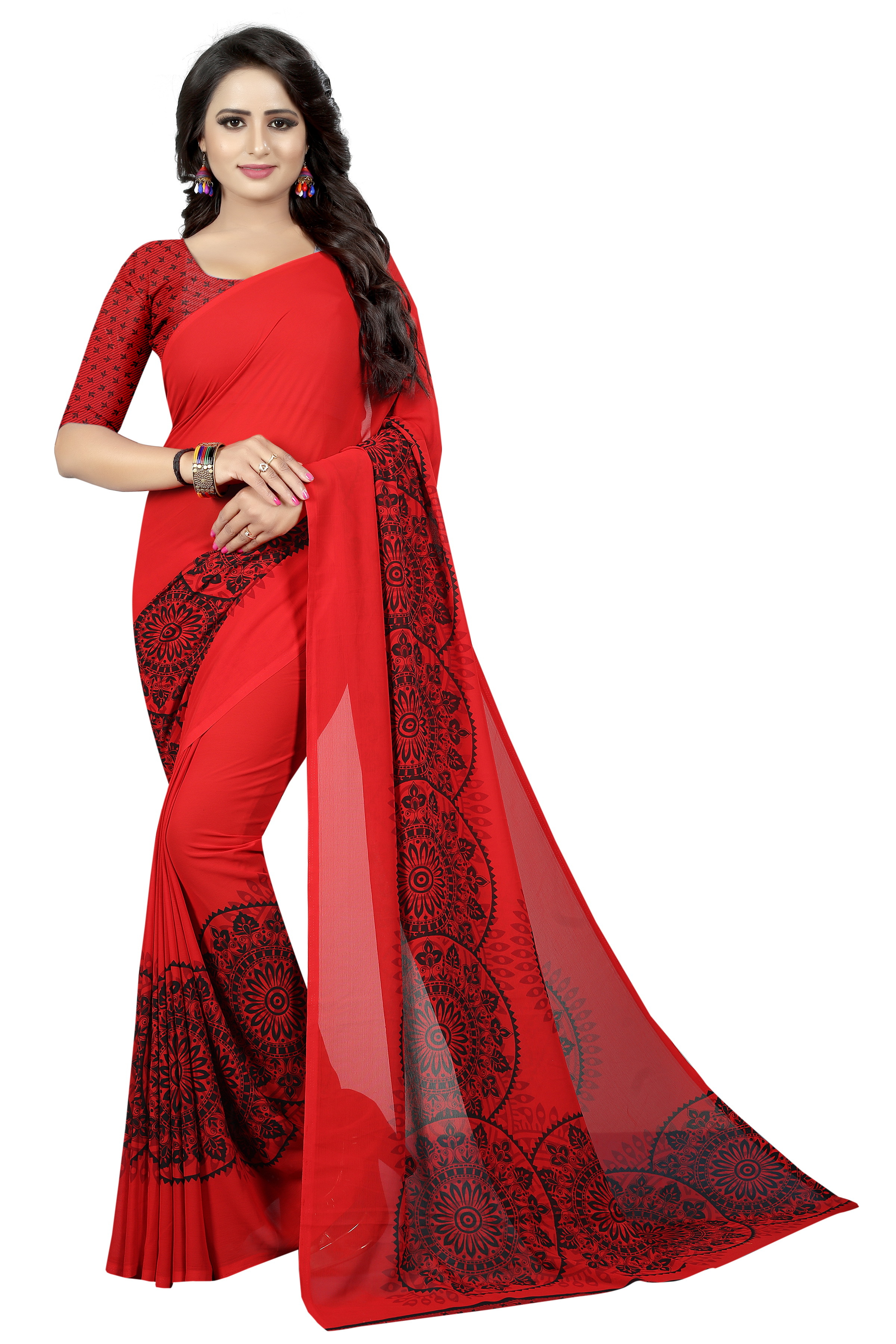Georgette Silk Saree - 5.5 Mtr Length, 0.8 Mtr Blouse | Art Silk, Printed Pattern, Available In Blue, Pink, Black, Purple, Red, Green