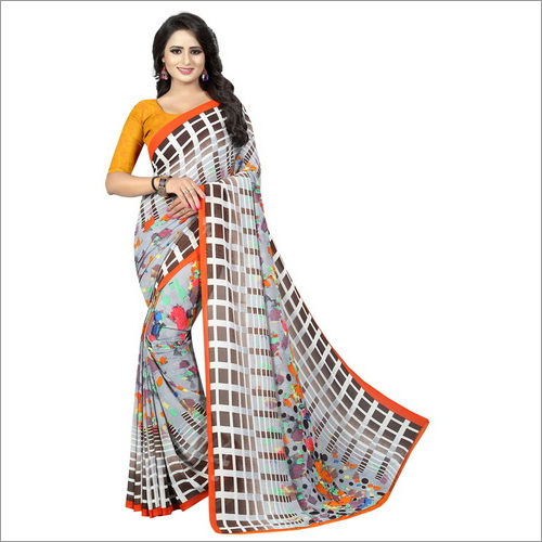 Yellow Georgette Print Saree