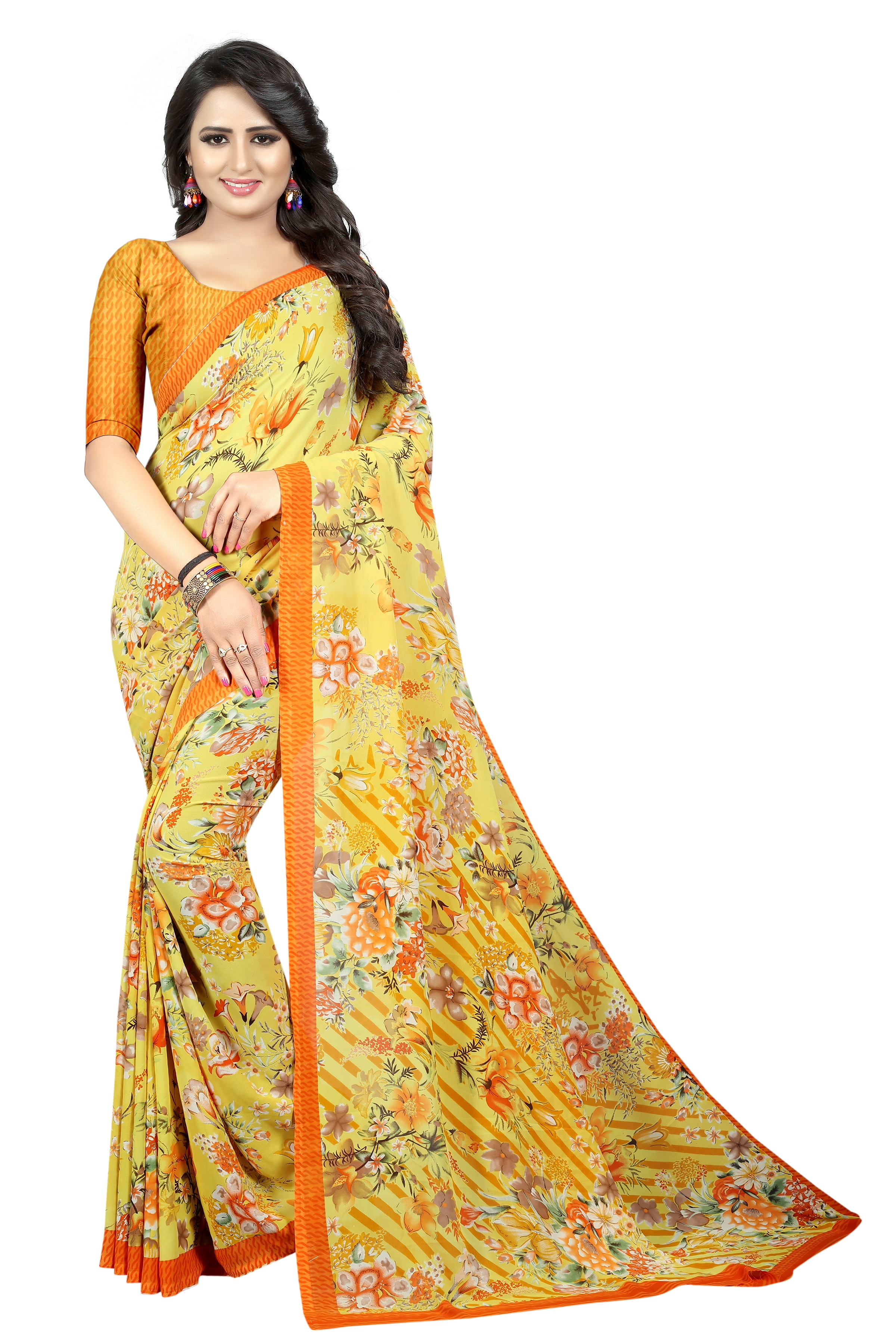 Georgette Print Saree - Georgette Silk, 5.5 Mtr Length, Art Silk Blouse 0.8 Mtr | Vibrant Yellow, Green, Blue, Red, Pink Patterns, Stunning Print Design