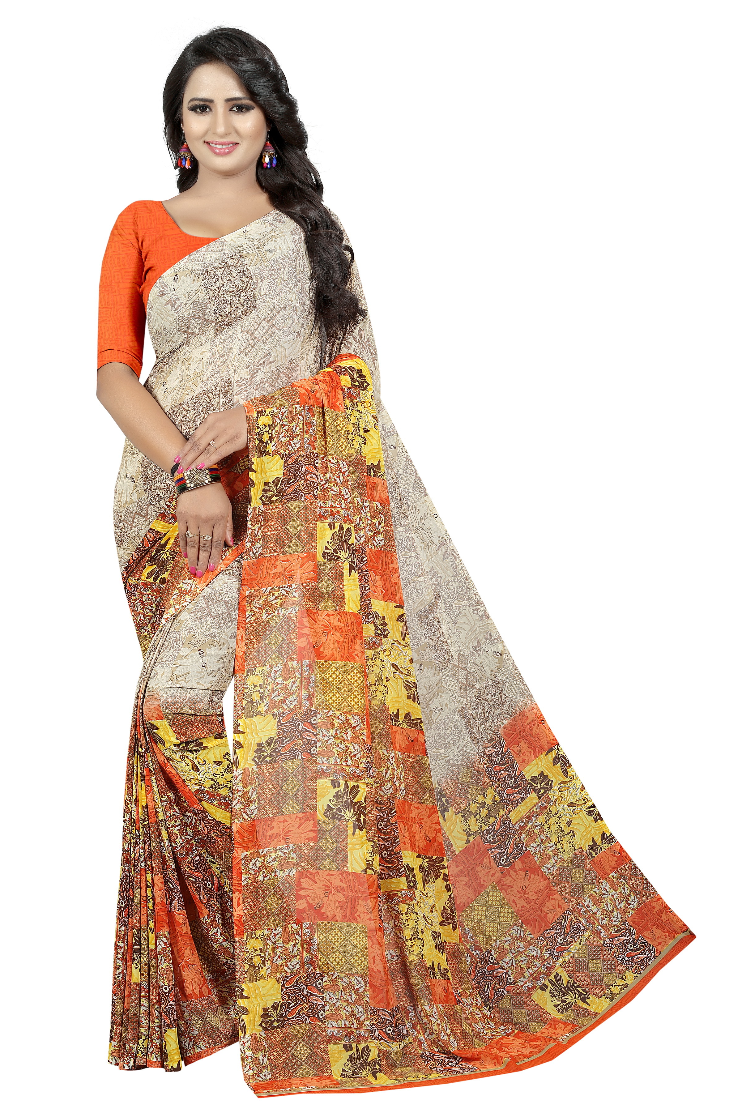 Georgette Print Saree - Georgette Silk, 5.5 Mtr Length, Art Silk Blouse 0.8 Mtr | Vibrant Yellow, Green, Blue, Red, Pink Patterns, Stunning Print Design