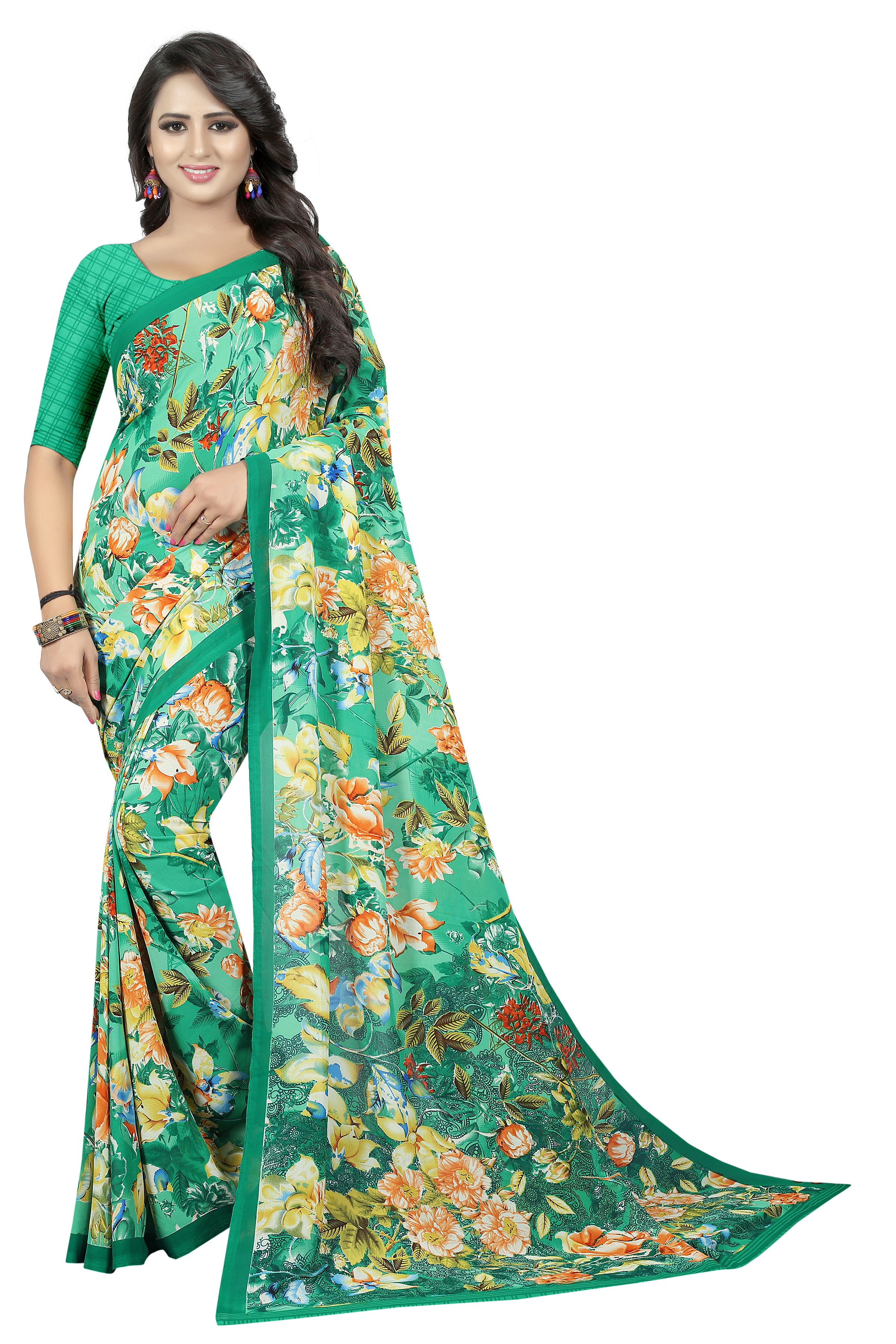 Georgette Print Saree - Georgette Silk, 5.5 Mtr Length, Art Silk Blouse 0.8 Mtr | Vibrant Yellow, Green, Blue, Red, Pink Patterns, Stunning Print Design