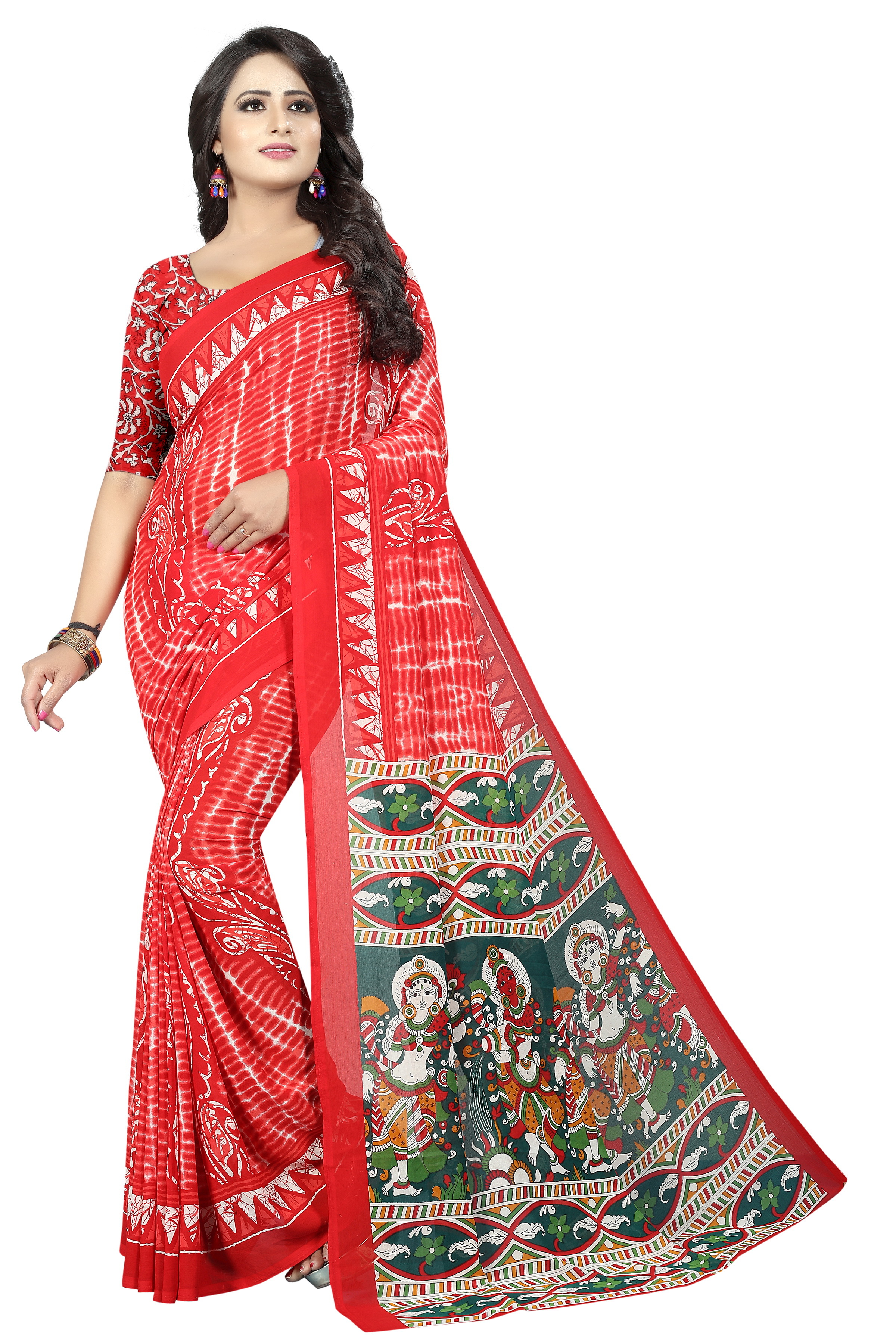 Georgette Print Saree - Georgette Silk, 5.5 Mtr Length, Art Silk Blouse 0.8 Mtr | Vibrant Yellow, Green, Blue, Red, Pink Patterns, Stunning Print Design