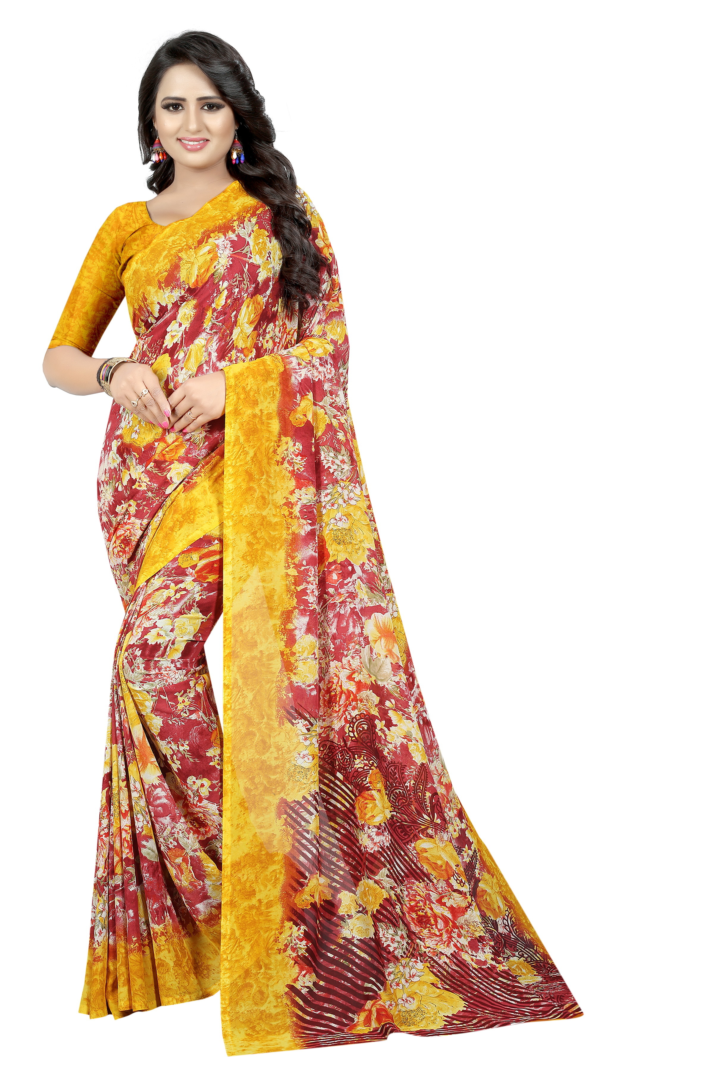 Georgette Print Saree - Georgette Silk, 5.5 Mtr Length, Art Silk Blouse 0.8 Mtr | Vibrant Yellow, Green, Blue, Red, Pink Patterns, Stunning Print Design