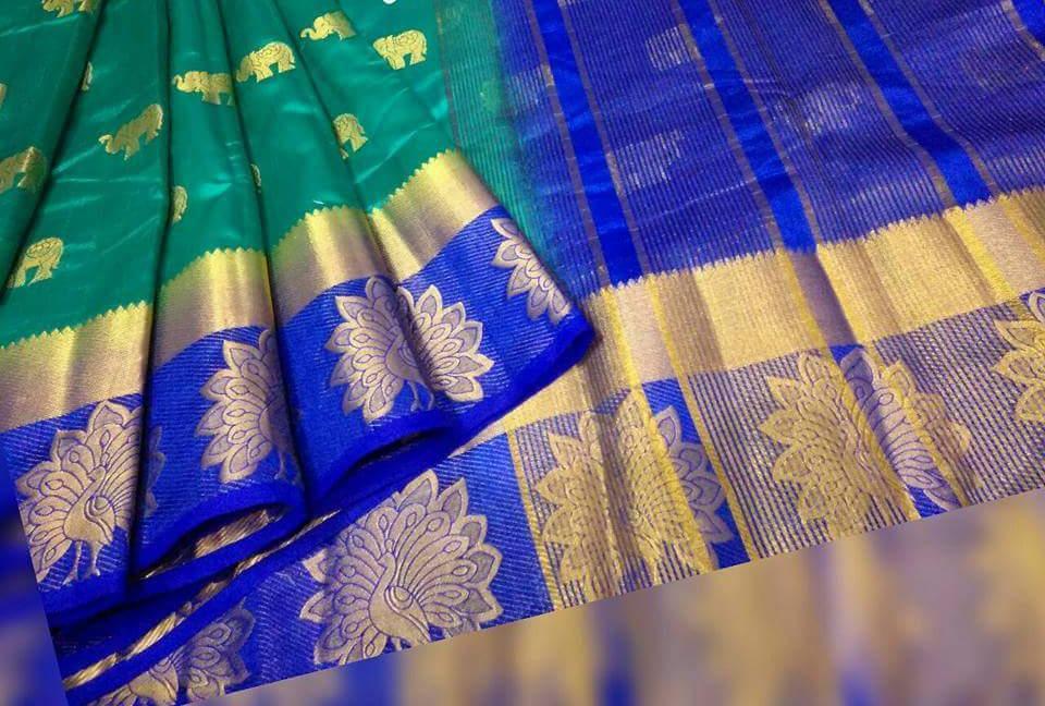 Designer Kanjivaram Saree - 5.5 Mtr Length, 0.8 Mtr Blouse | Pure Kanjivaram Silk In Vibrant Green, Pink, And Blue