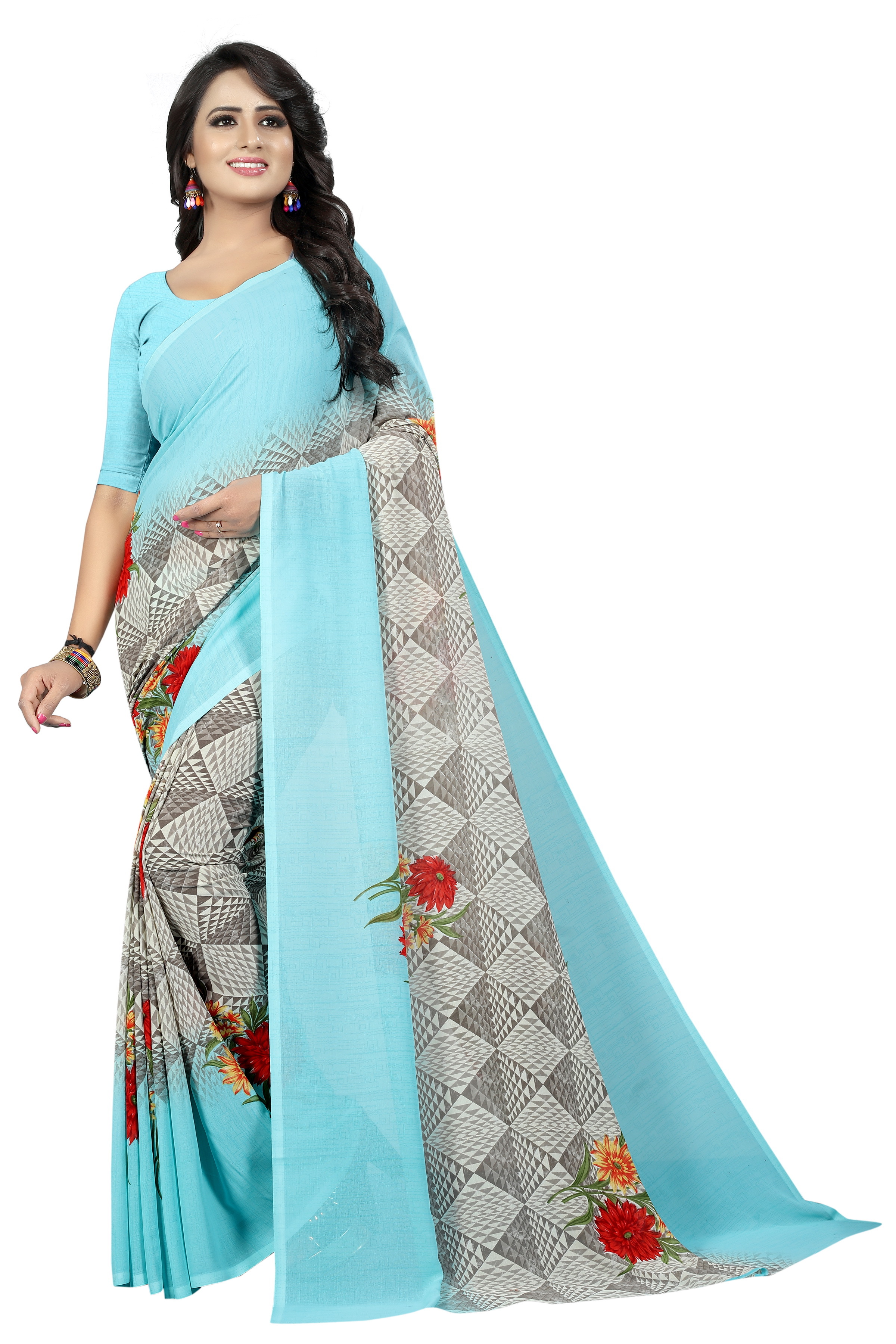 Georgette Designer Saree - Georgette Silk, Length: 5.5 Mtr, Blouse Length: 0.8 Mtr | Color: Yellow, Green, Blue, Red, Pink, Pattern: Printed