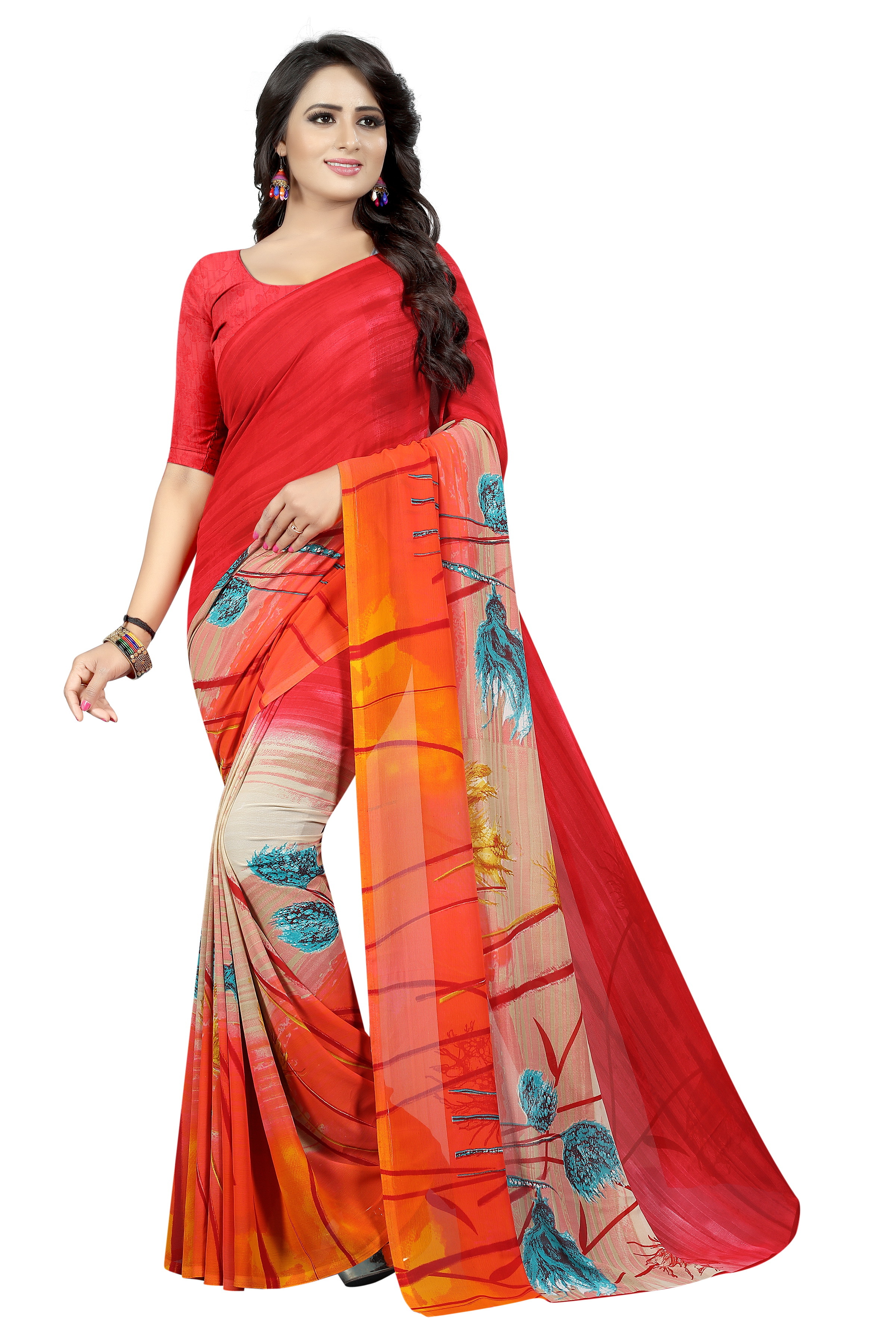 Georgette Designer Saree - Georgette Silk, Length: 5.5 Mtr, Blouse Length: 0.8 Mtr | Color: Yellow, Green, Blue, Red, Pink, Pattern: Printed
