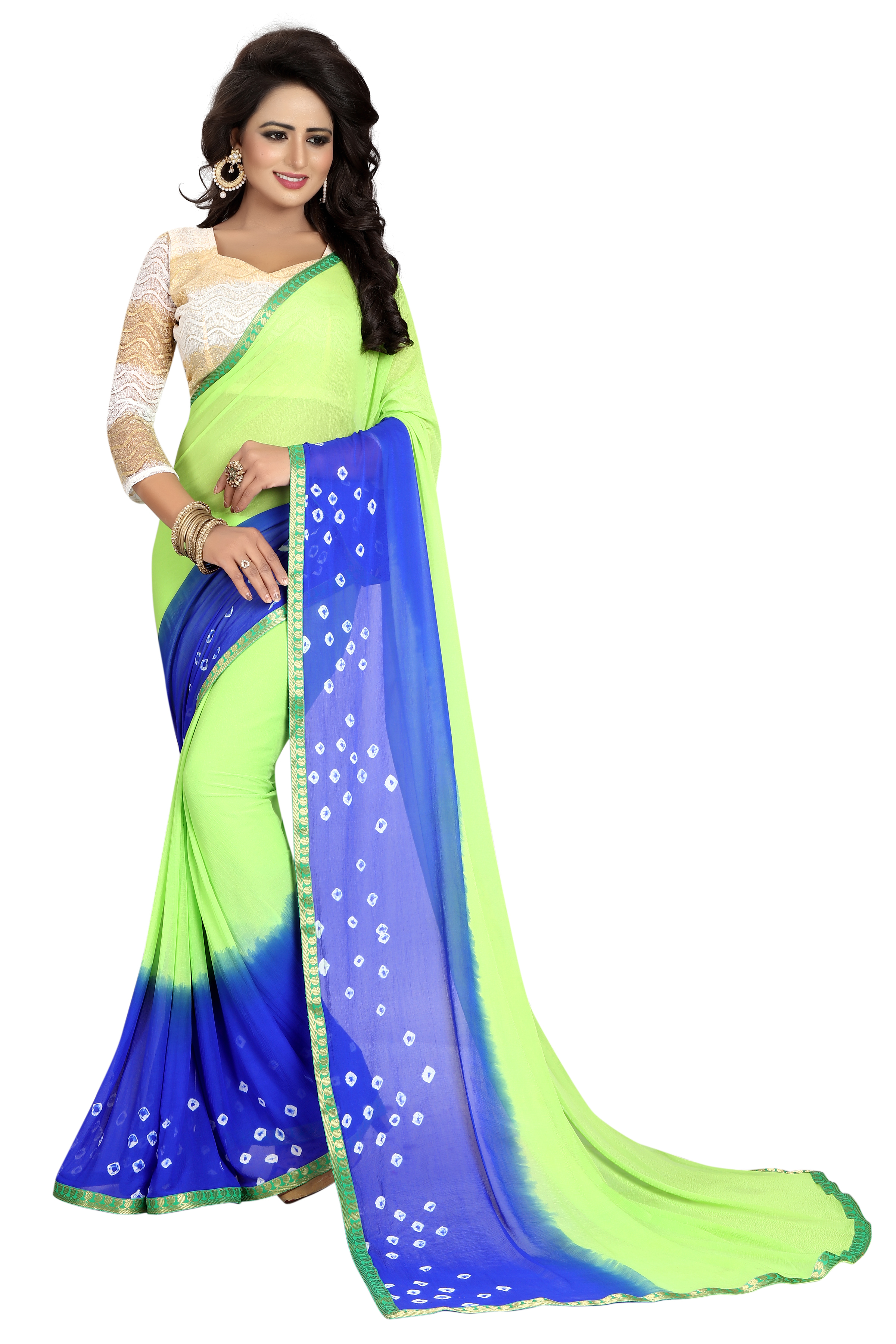 Bandhani Saree - Chiffon Fabric, Length: 5.5 Mtr, Blouse Length: 0.8 Mtr | Available In Blue, Pink, Black, Purple, Red, Green, Printed Bandhani Style