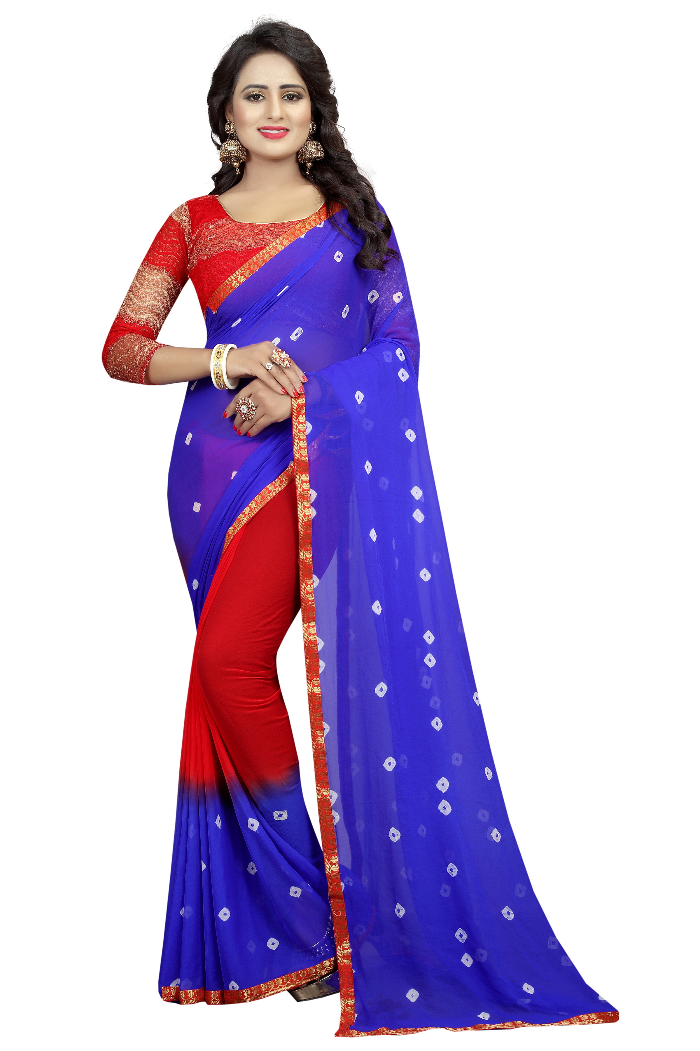 Bandhani Saree - Chiffon Fabric, Length: 5.5 Mtr, Blouse Length: 0.8 Mtr | Available In Blue, Pink, Black, Purple, Red, Green, Printed Bandhani Style