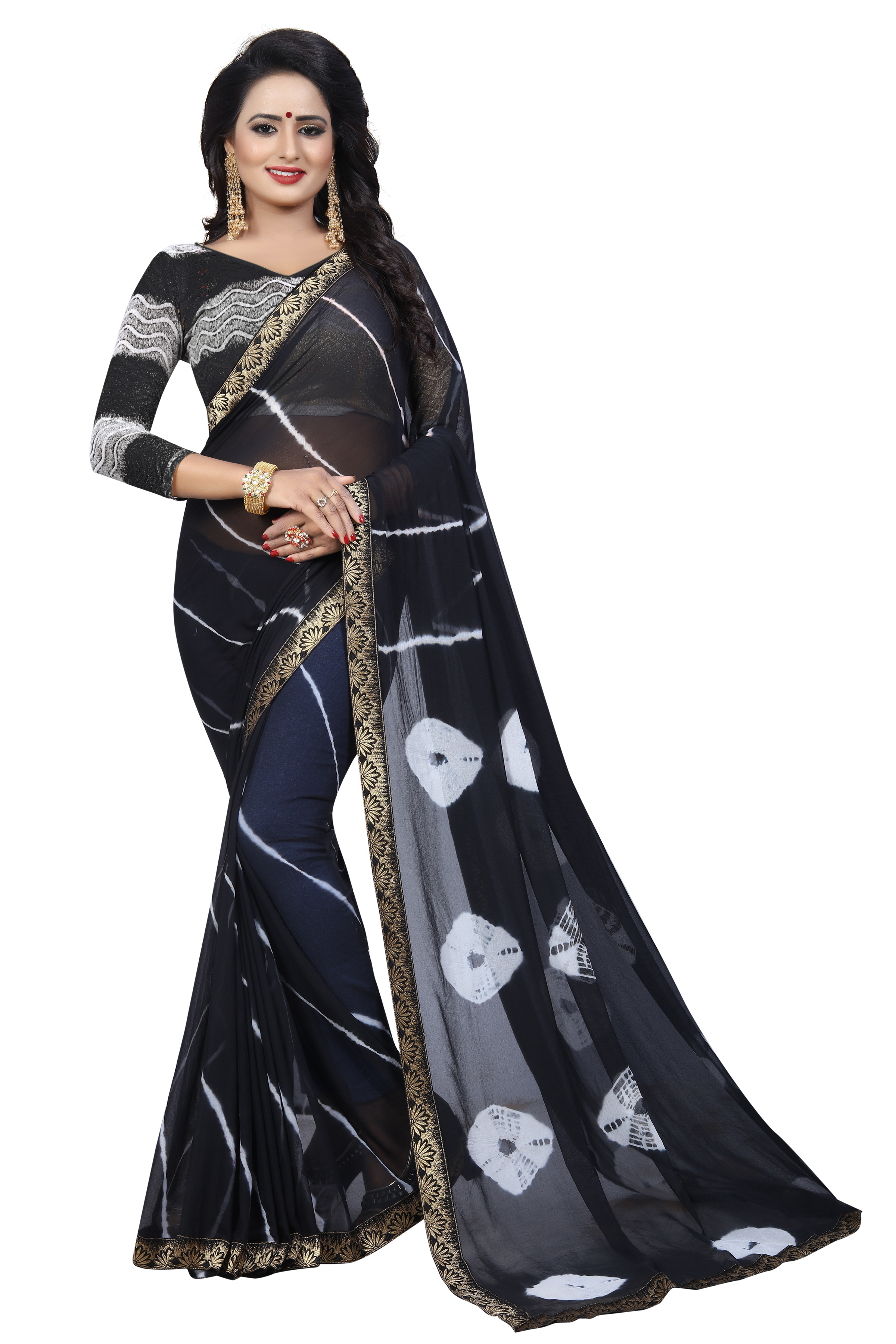 Bandhani Saree - Chiffon Fabric, Length: 5.5 Mtr, Blouse Length: 0.8 Mtr | Available In Blue, Pink, Black, Purple, Red, Green, Printed Bandhani Style