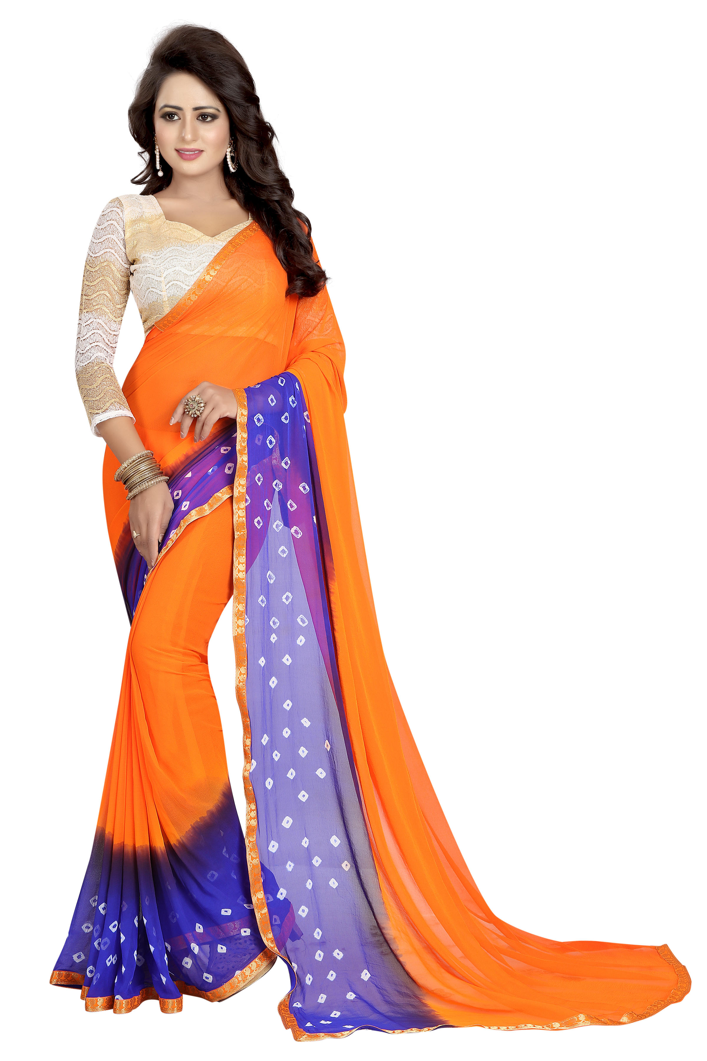 Bandhani Saree - Chiffon Fabric, Length: 5.5 Mtr, Blouse Length: 0.8 Mtr | Available In Blue, Pink, Black, Purple, Red, Green, Printed Bandhani Style