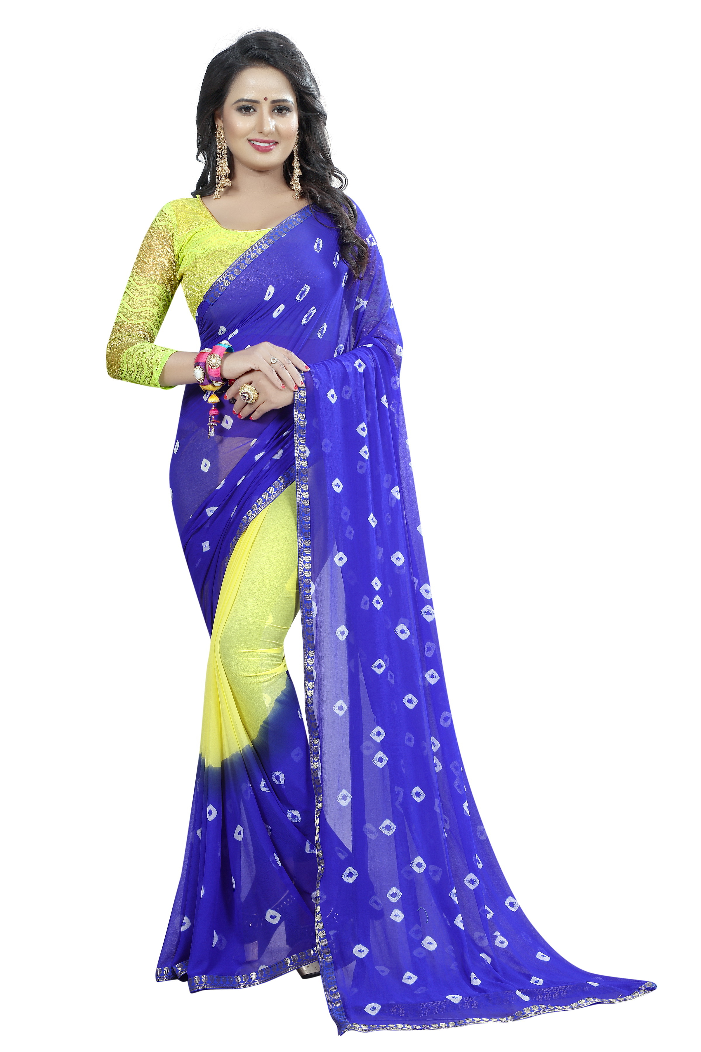 Bandhani Saree - Chiffon Fabric, Length: 5.5 Mtr, Blouse Length: 0.8 Mtr | Available In Blue, Pink, Black, Purple, Red, Green, Printed Bandhani Style