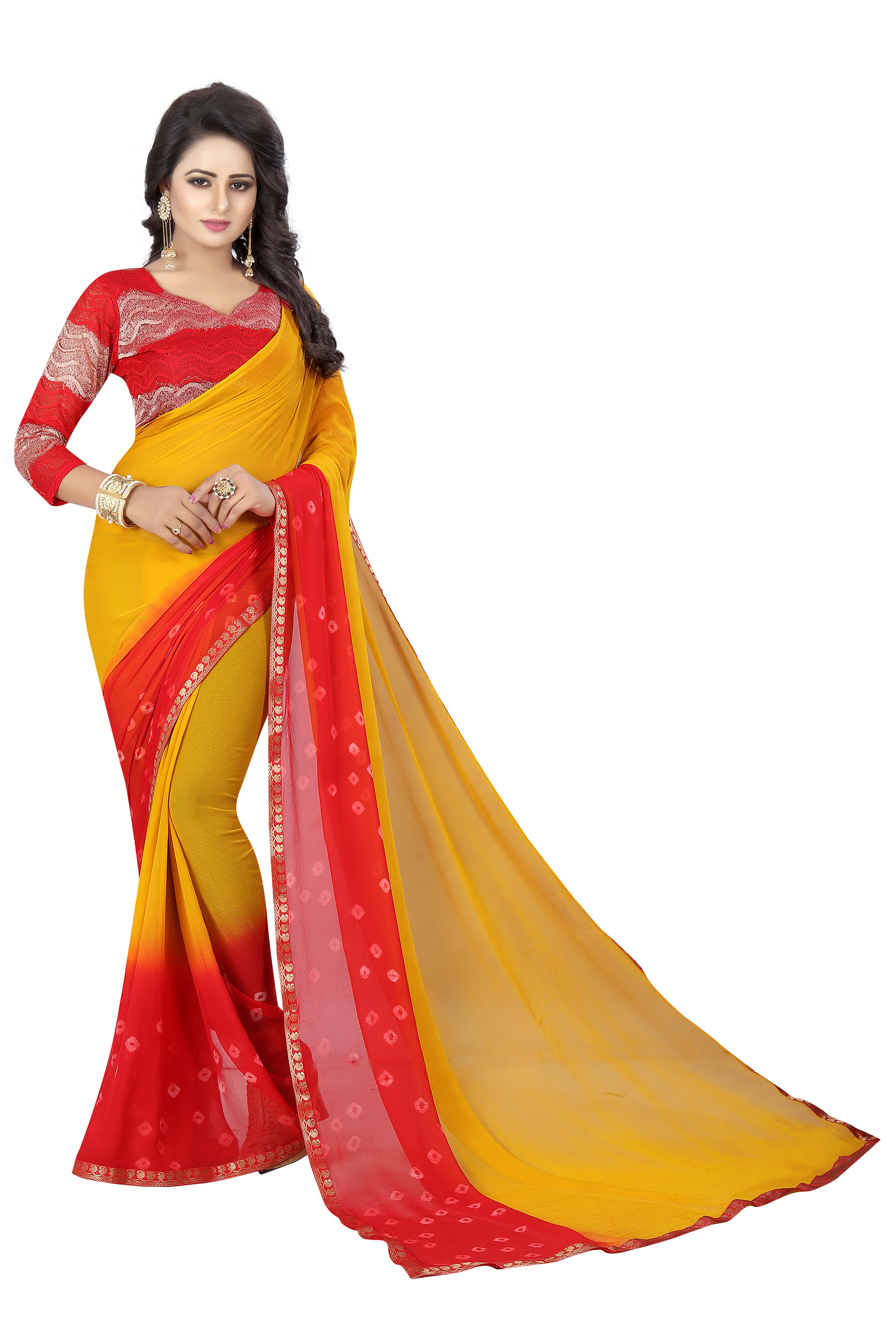 Fancy Bandhani Saree - Art Silk, 5.5 Mtr Length, 0.8 Mtr Blouse | Red, Yellow, Blue, Green, Printed Pattern