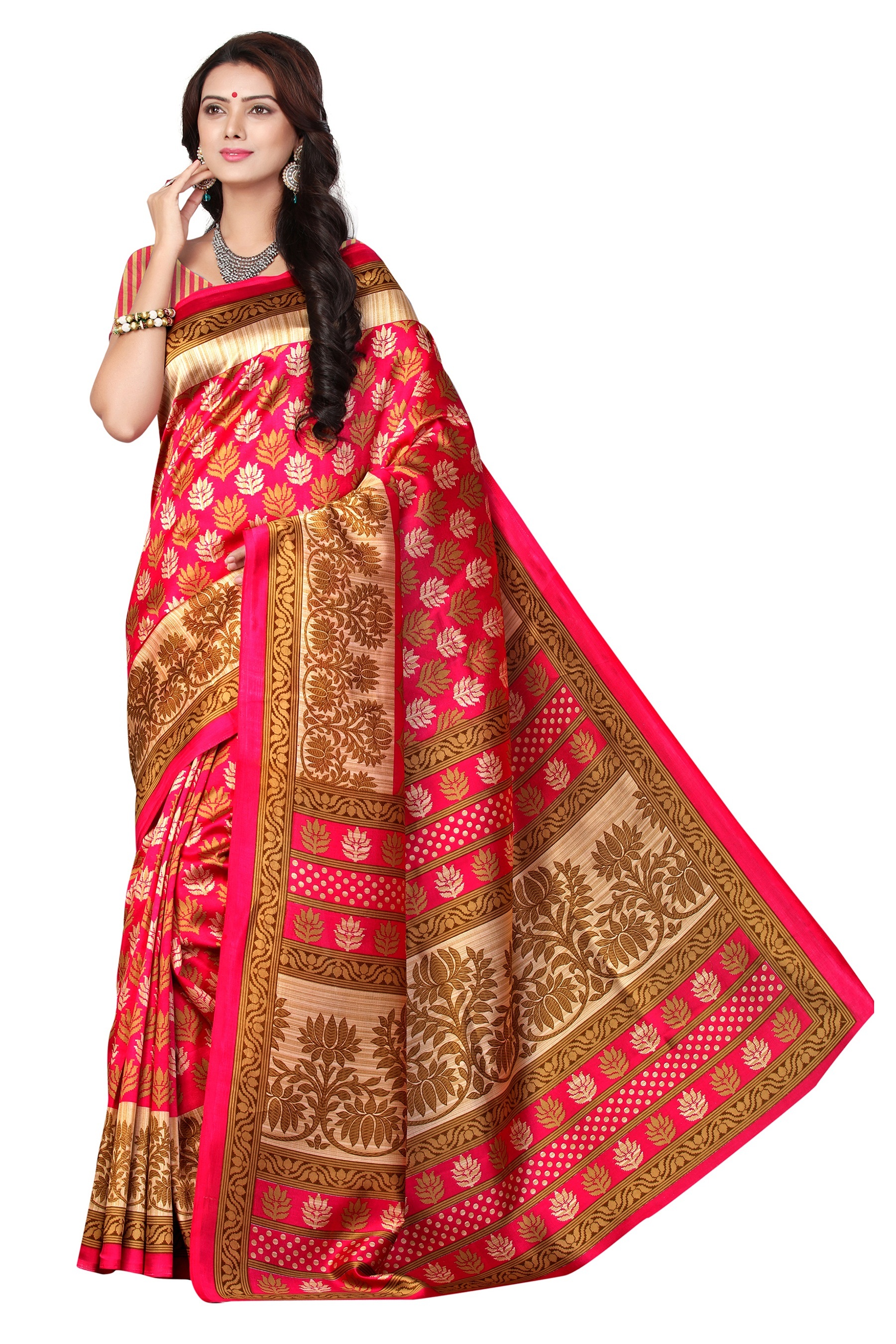 Art Silk Saree - 5.5 Mtr Length, 0.8 Mtr Blouse | Color: Red, Yellow, Maroon, Green, Closure: Laces, Pattern: Printed, Fabric Type: Art Silk