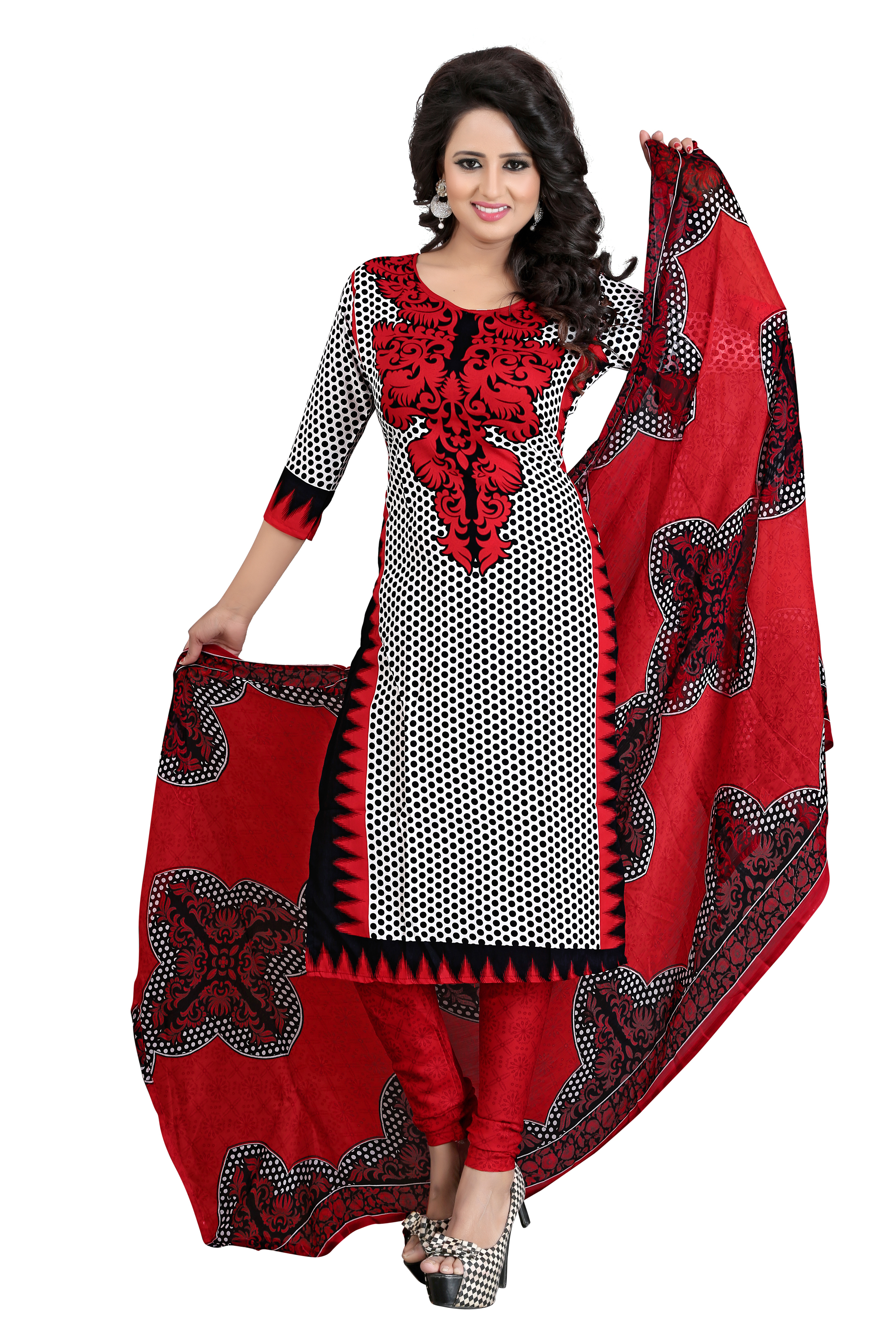 Printed Dress Material - Crepe Fabric, 5.5 Mtr Saree Length, 0.8 Mtr Blouse Length, Colors: Pink, Red, Blue Queen, Sky Blue | Casual Dress Type, Full Sleeves, Printed Pattern