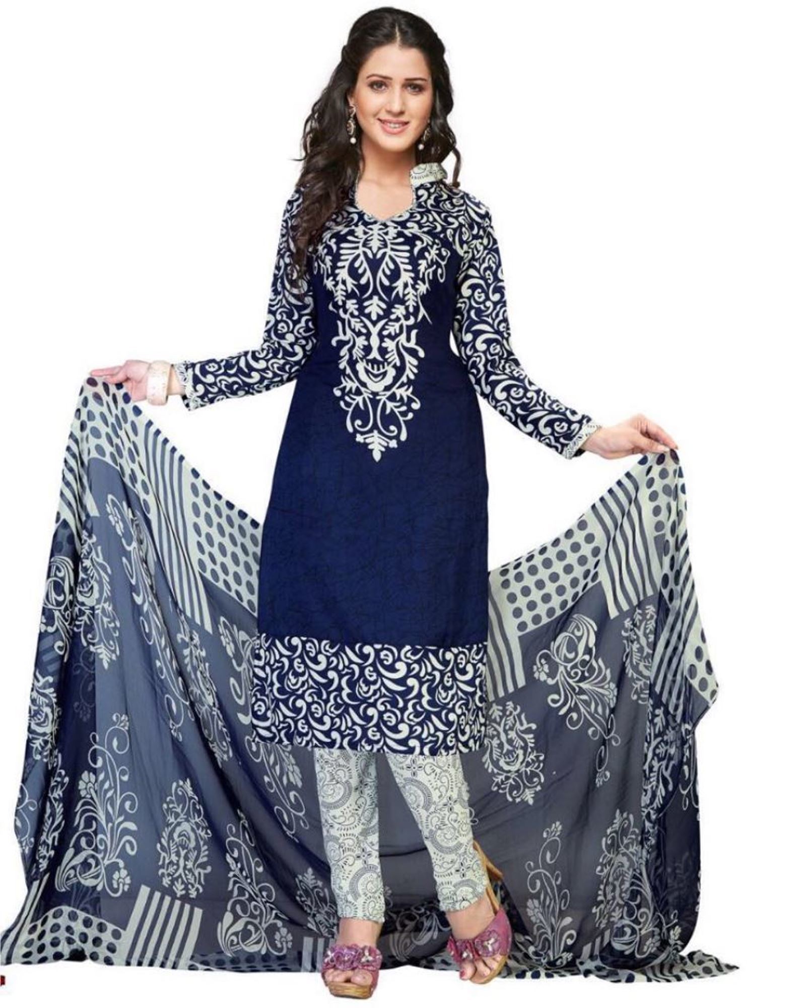 Printed Dress Material - Crepe Fabric, 5.5 Mtr Saree Length, 0.8 Mtr Blouse Length, Colors: Pink, Red, Blue Queen, Sky Blue | Casual Dress Type, Full Sleeves, Printed Pattern