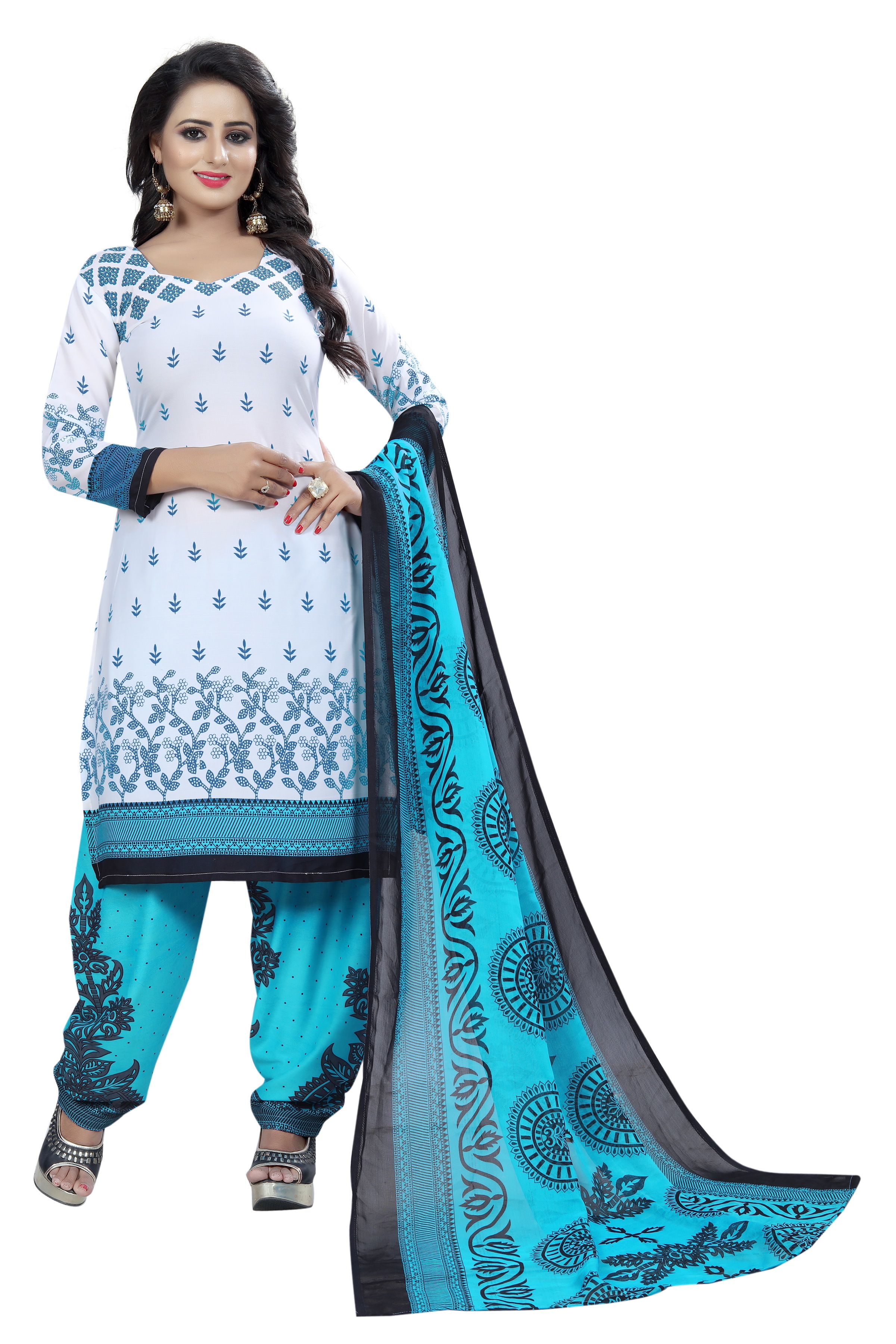 Fancy Printed Dress Material - Crepe, 2.10mm Bust & Hip Size, 2.30mm Length | Grey Rani, Black, Blue, Navy Blue, Full Sleeves, Casual Ethnic Design