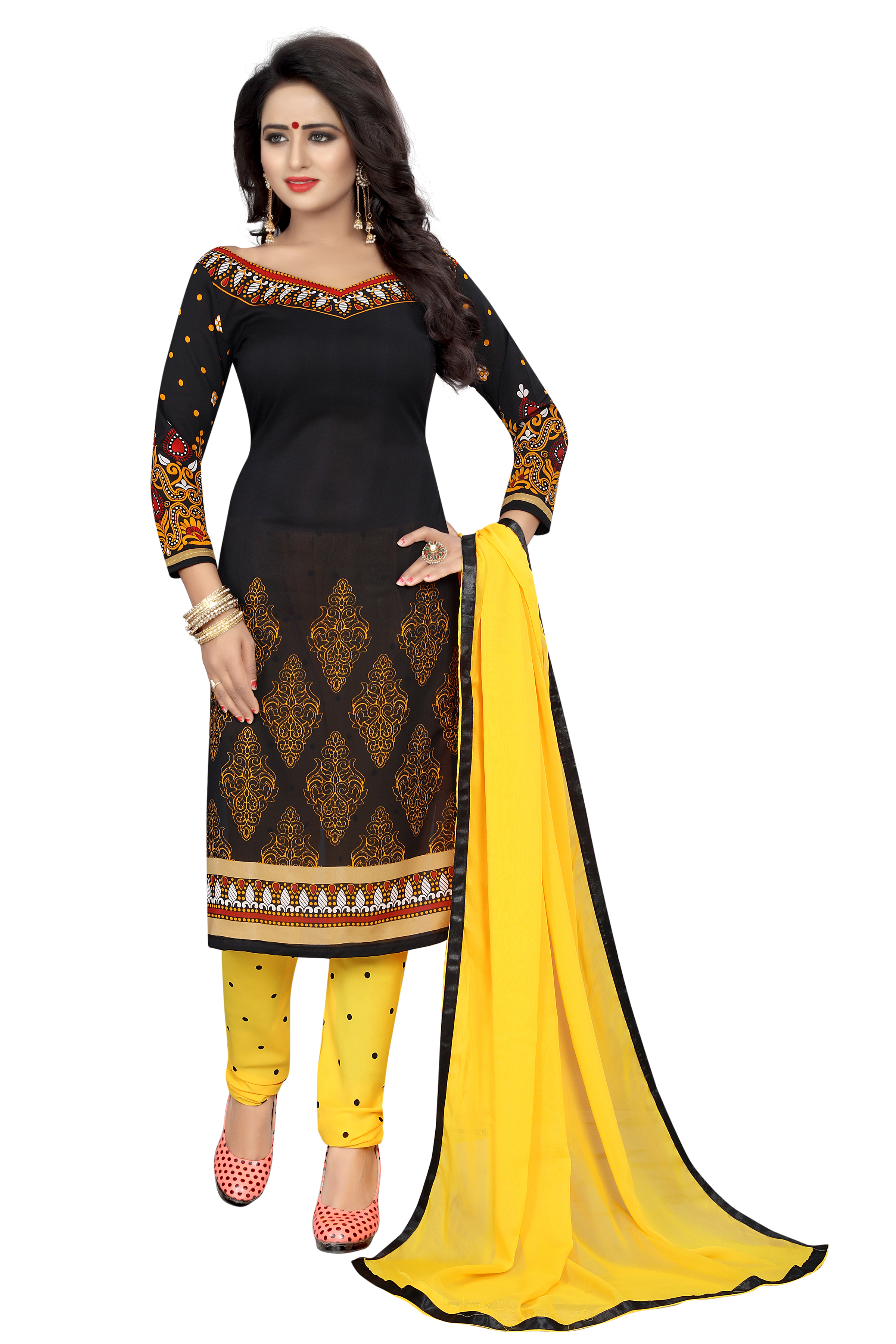 Fancy Printed Dress Material - Crepe, 2.10mm Bust & Hip Size, 2.30mm Length | Grey Rani, Black, Blue, Navy Blue, Full Sleeves, Casual Ethnic Design