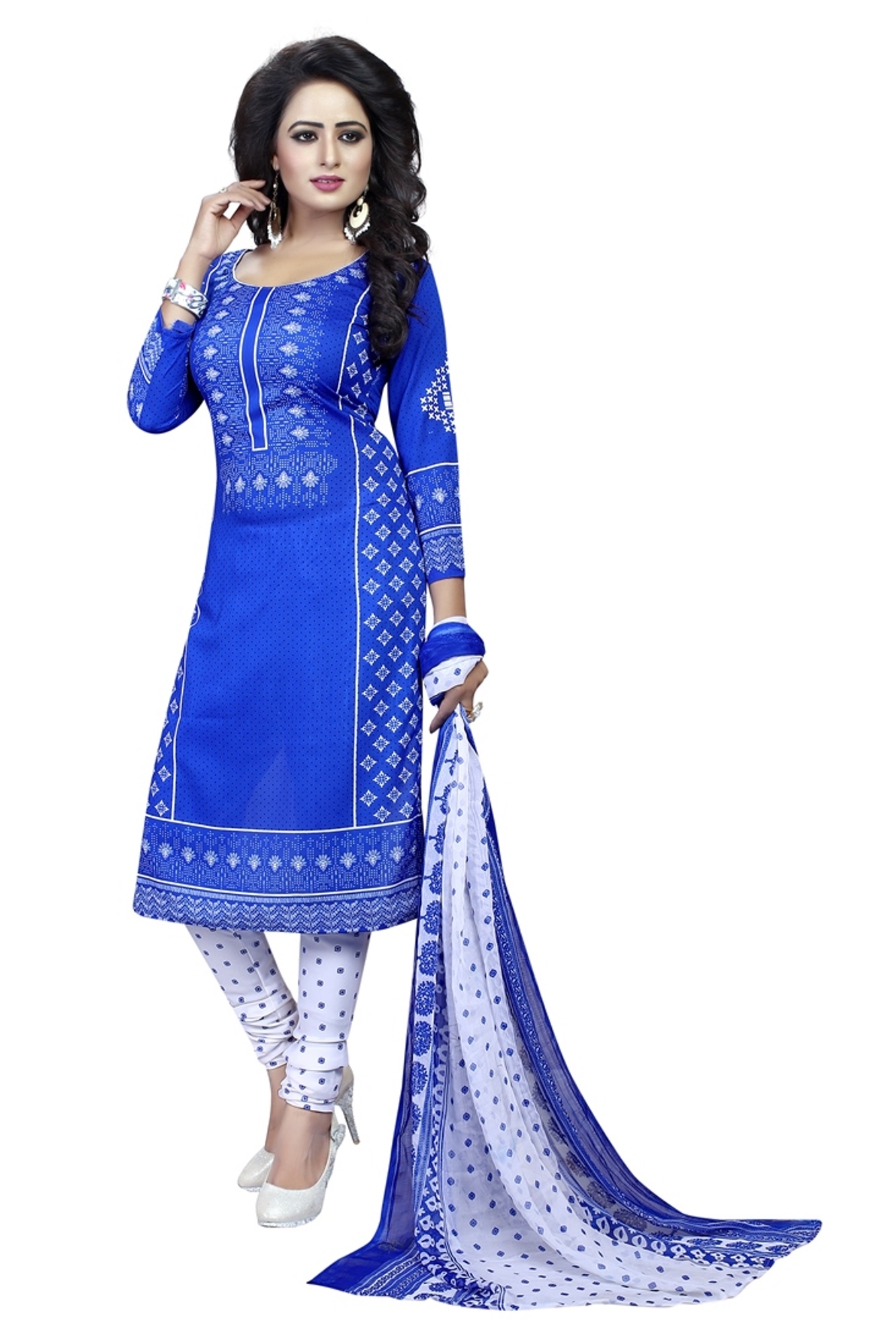 Fancy Printed Dress Material - Crepe, 2.10mm Bust & Hip Size, 2.30mm Length | Grey Rani, Black, Blue, Navy Blue, Full Sleeves, Casual Ethnic Design
