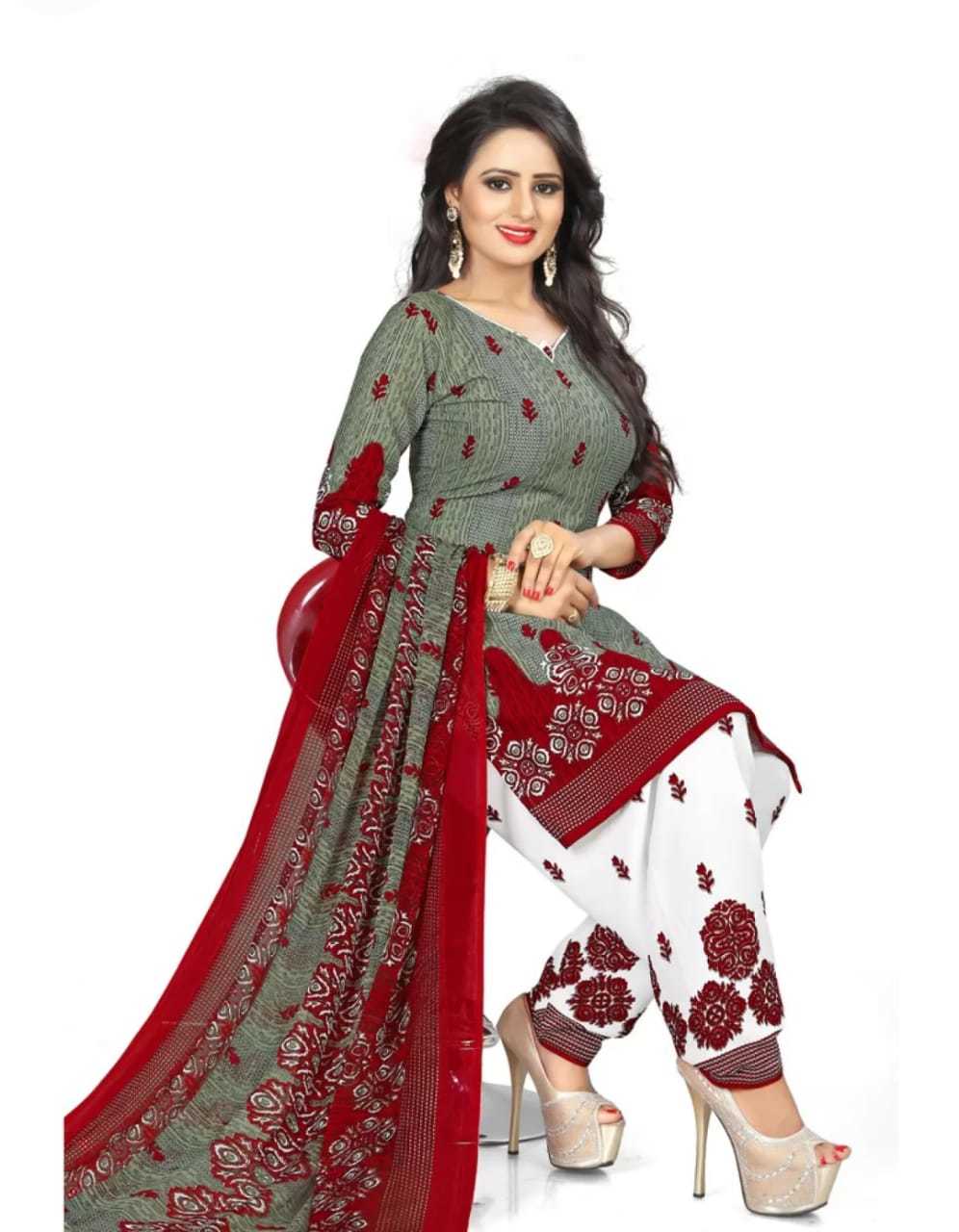 Fancy Printed Dress Material - Crepe, 2.10mm Bust & Hip Size, 2.30mm Length | Grey Rani, Black, Blue, Navy Blue, Full Sleeves, Casual Ethnic Design