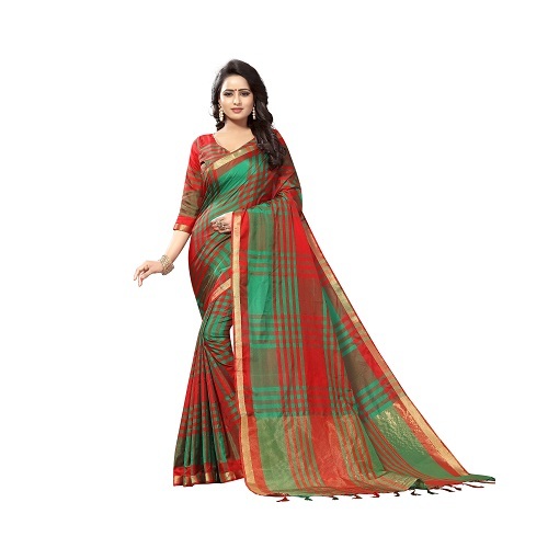 Cotton Designer Fancy Saree - Cotton Silk, Length: 5.5 Mtr, Blouse: 0.8 Mtr | Colors: Gold, Red, Green, Pattern: Printed