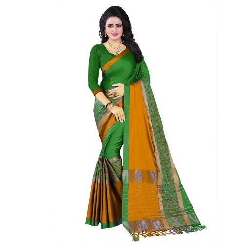 Cotton Designer Fancy Saree - Cotton Silk, Length: 5.5 Mtr, Blouse: 0.8 Mtr | Colors: Gold, Red, Green, Pattern: Printed
