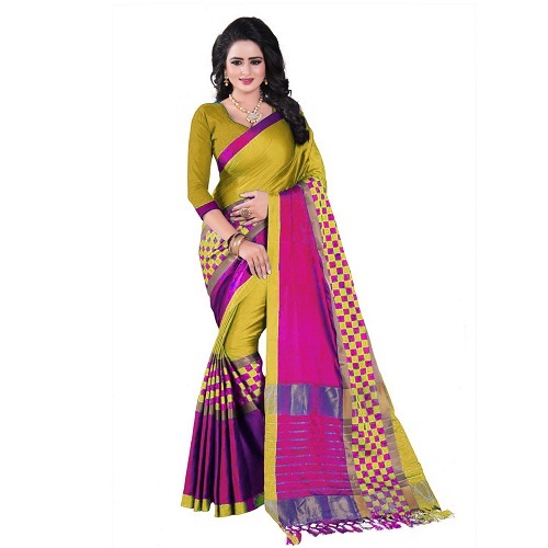 Cotton Designer Fancy Saree - Cotton Silk, Length: 5.5 Mtr, Blouse: 0.8 Mtr | Colors: Gold, Red, Green, Pattern: Printed