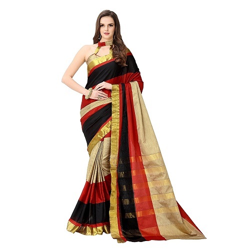 Cotton Plain Silk Saree - 5.5 Mtr Length, 0.8 Mtr Blouse | Colors: Pink, Blue, Red, Fabric Type: Cotton Silk, Pattern: Printed