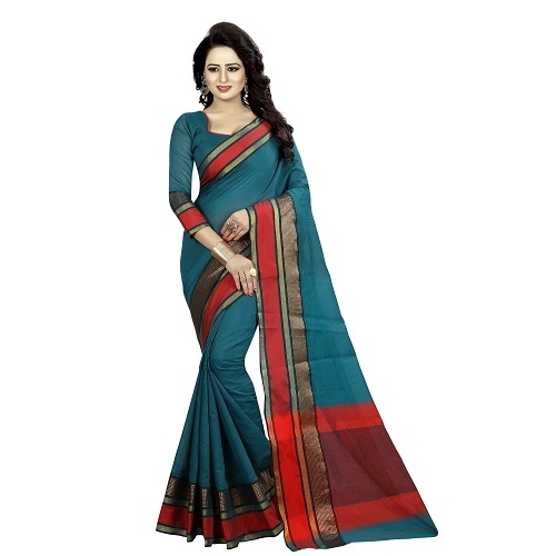 Cotton Plain Silk Saree - 5.5 Mtr Length, 0.8 Mtr Blouse | Colors: Pink, Blue, Red, Fabric Type: Cotton Silk, Pattern: Printed