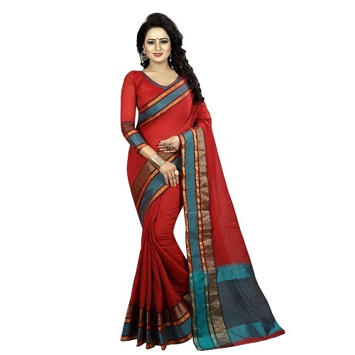Cotton Plain Silk Saree - 5.5 Mtr Length, 0.8 Mtr Blouse | Colors: Pink, Blue, Red, Fabric Type: Cotton Silk, Pattern: Printed