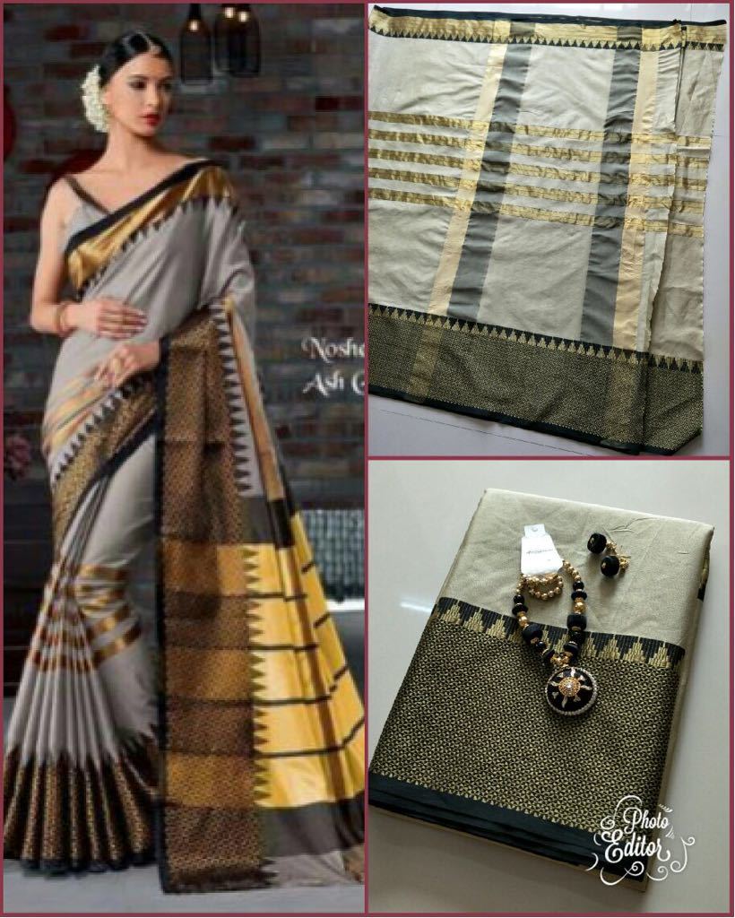 Cotton Pure Silk Saree - 5.5 Mtr Length, 0.8 Mtr Blouse | Color Options: Blue, Red, Black, Green, Grey, Printed Pattern, Cotton Silk Fabric